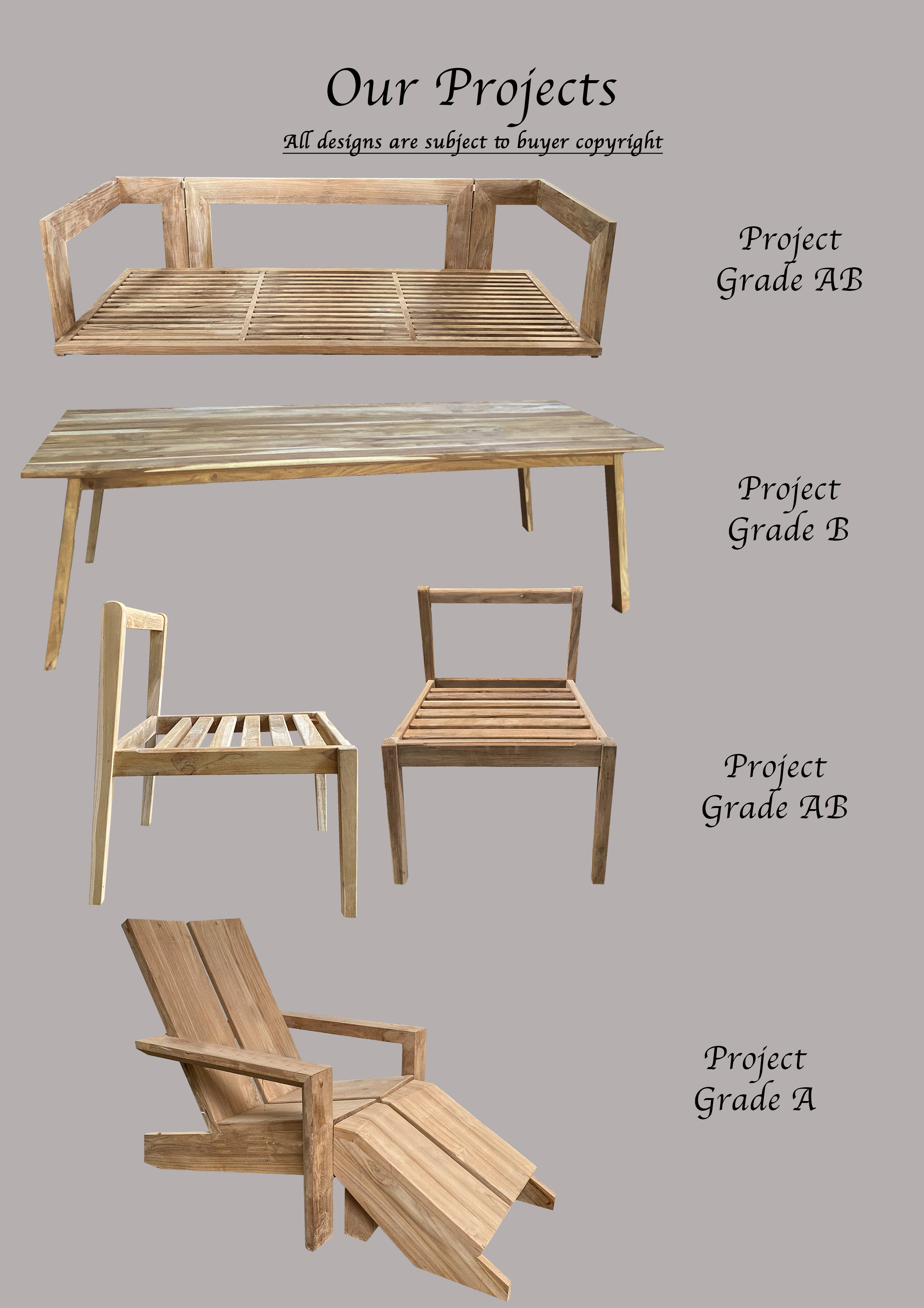 Collection of wooden outdoor furniture including a bench, a table with four chairs, and a lounge chair, labeled by project grade (AB and A).