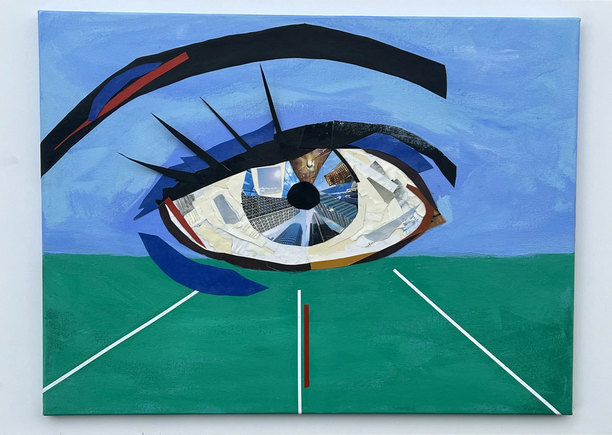 Eye Point Perspective, mixed media on canvas, Acrylic paint and paper, 18" X 24"