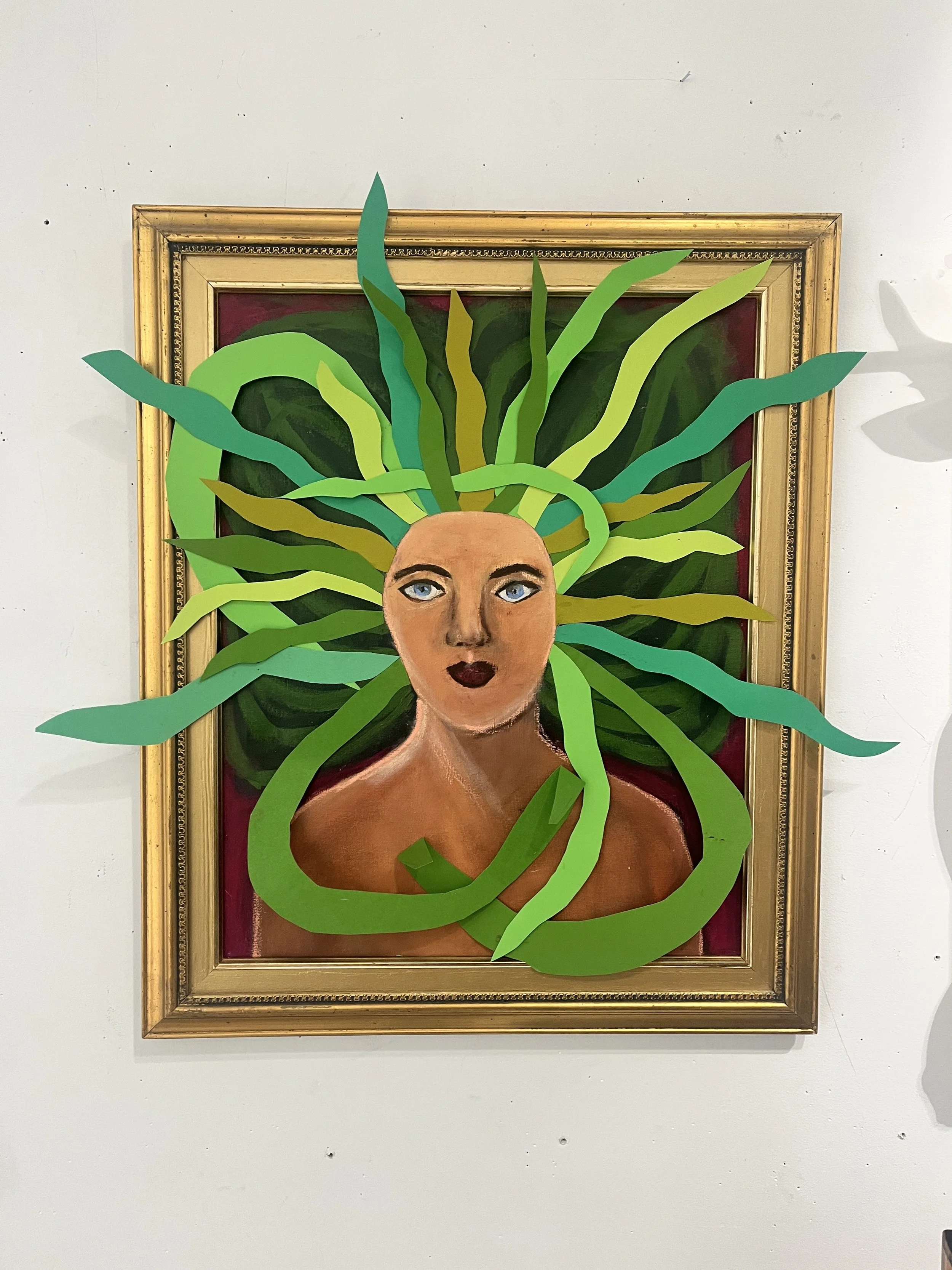 Medusa, Mixed media, acrylic and paper on canvas framed, 20.5" X 24"