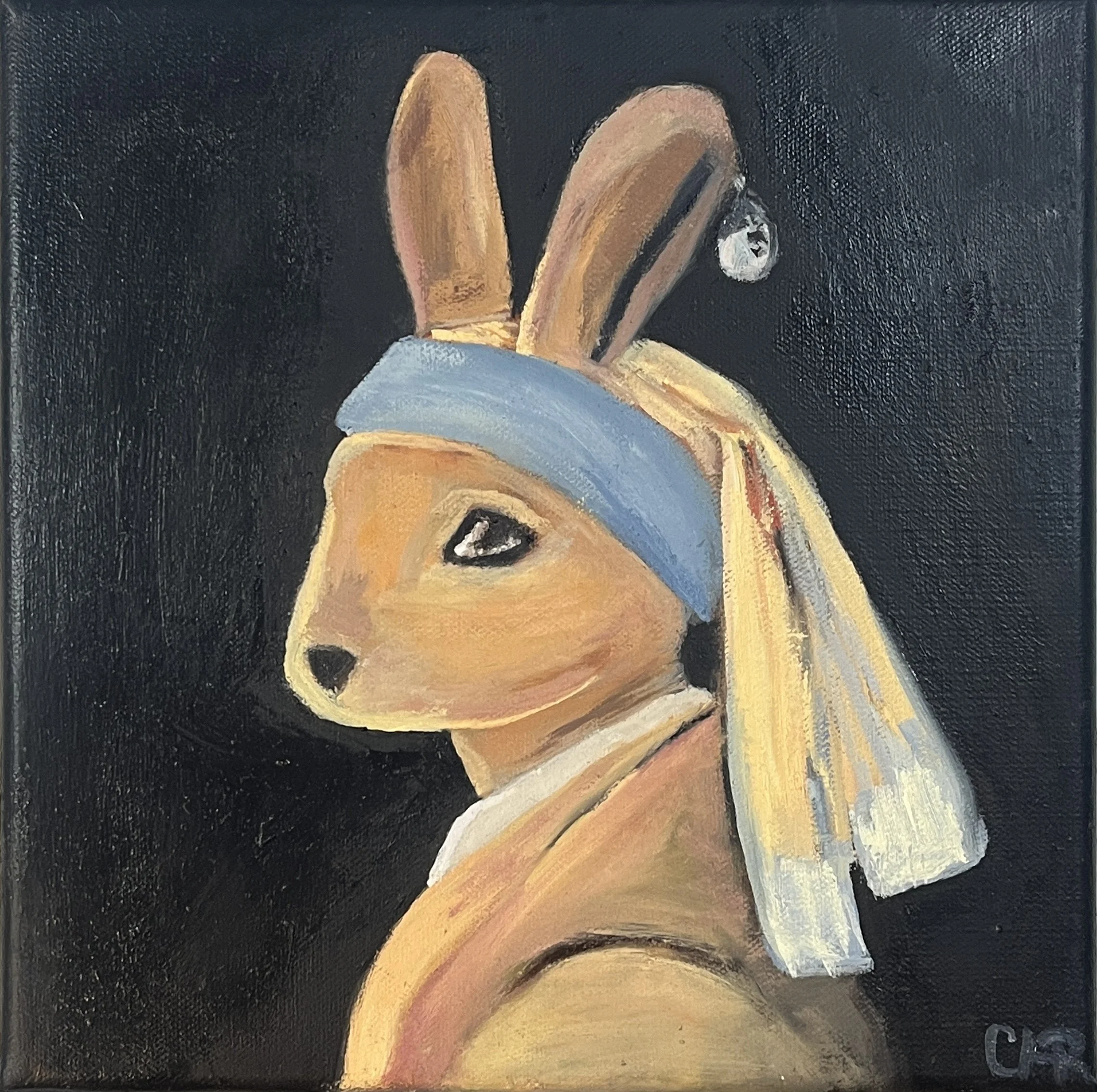 Bunny With A Pearl Earring, Oil on Canvas, 10" X 10"