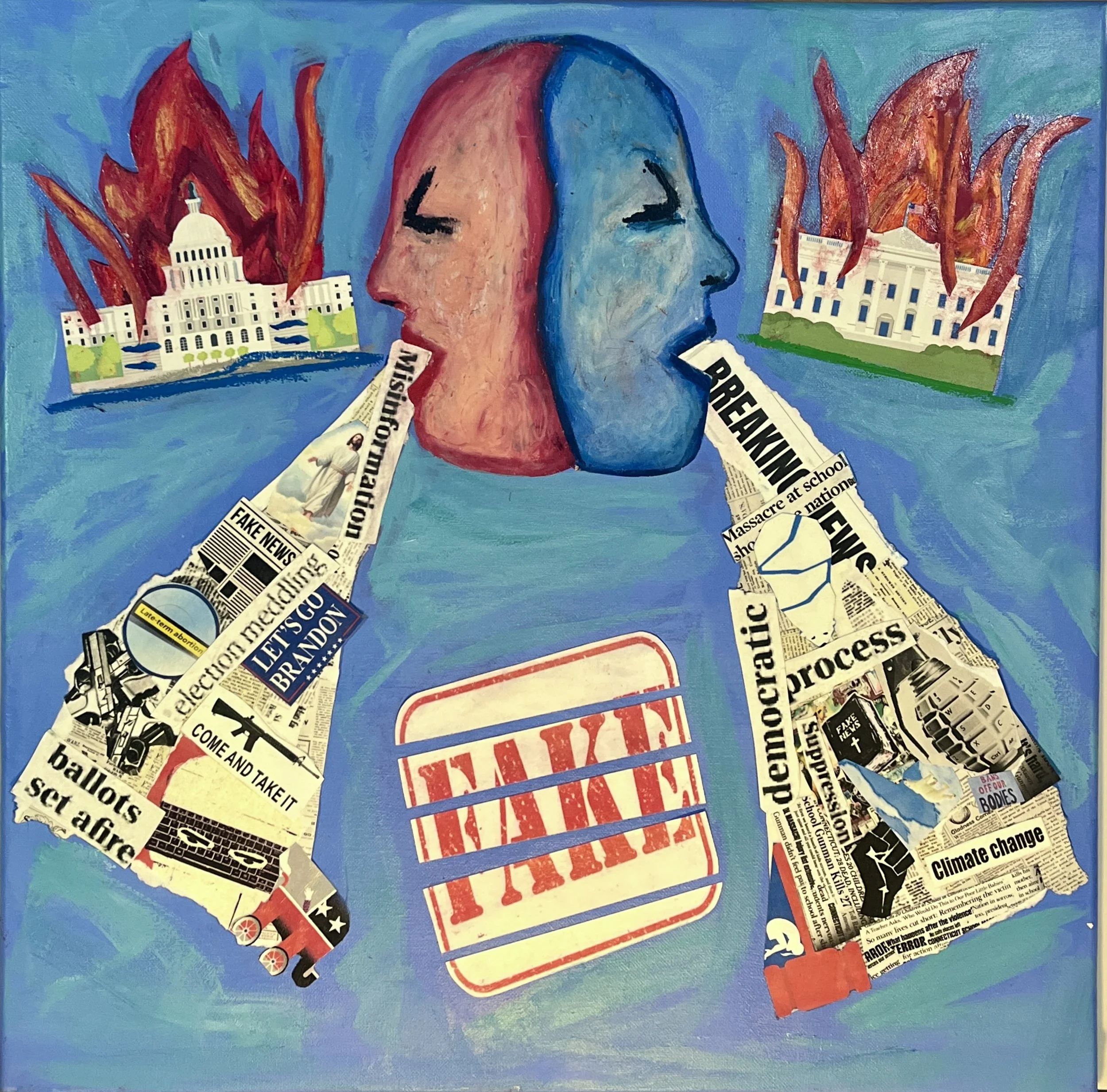 Red and Blue Fake News, Mixed Media on Canvas, acrylic paint, oil pastel, and paper, 20" X 20"