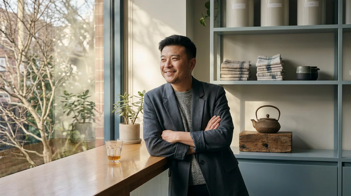 A man smiling with arms crossed, standing next to a window with sunlight, in a cozy room with a wooden table, potted plant, glass of drink, and shelves with folded towels and teapot.