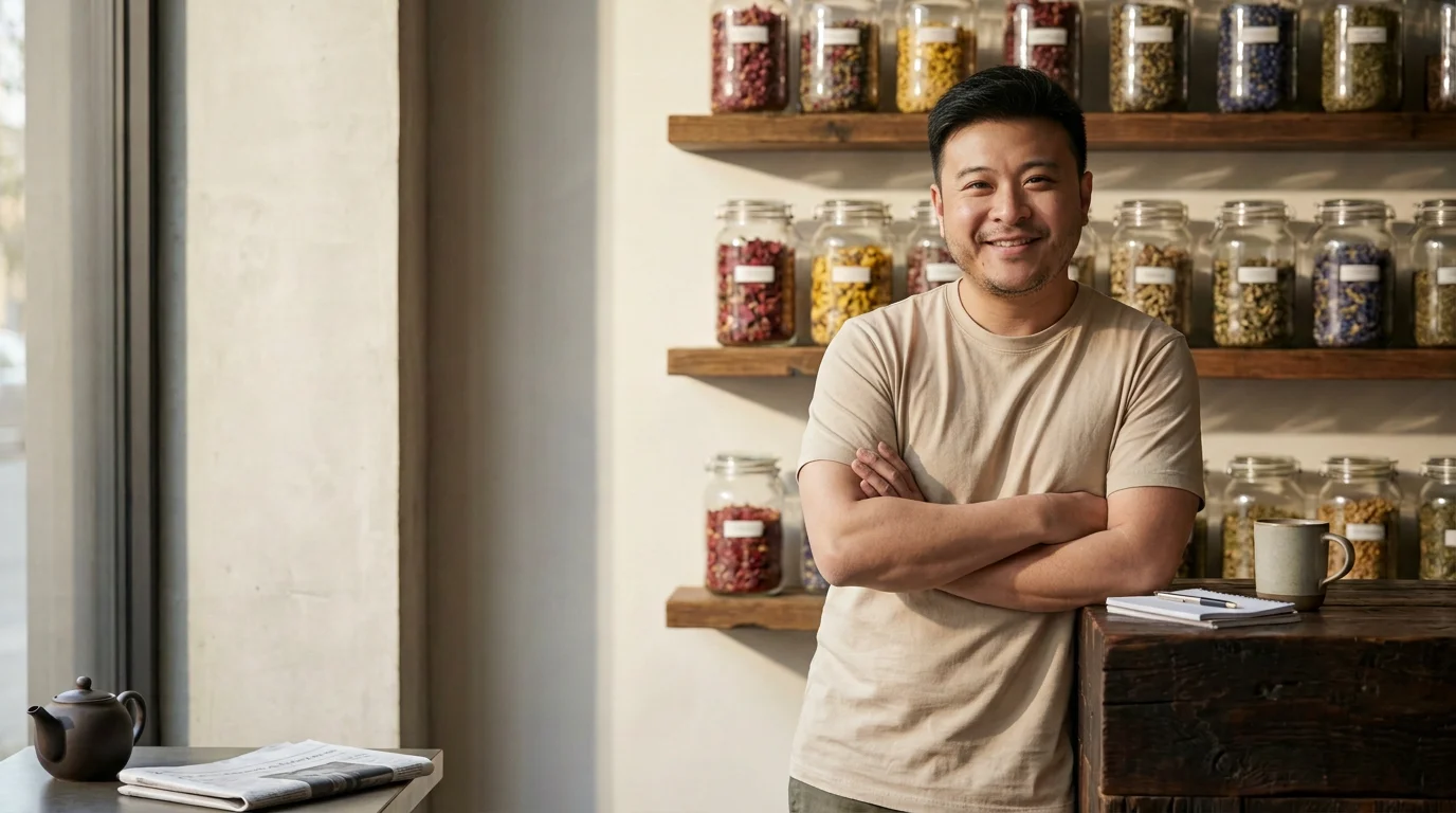 A man standing in a tea shop with arms crossed, smiling, with jars of dried herbs or flowers on shelves behind him.