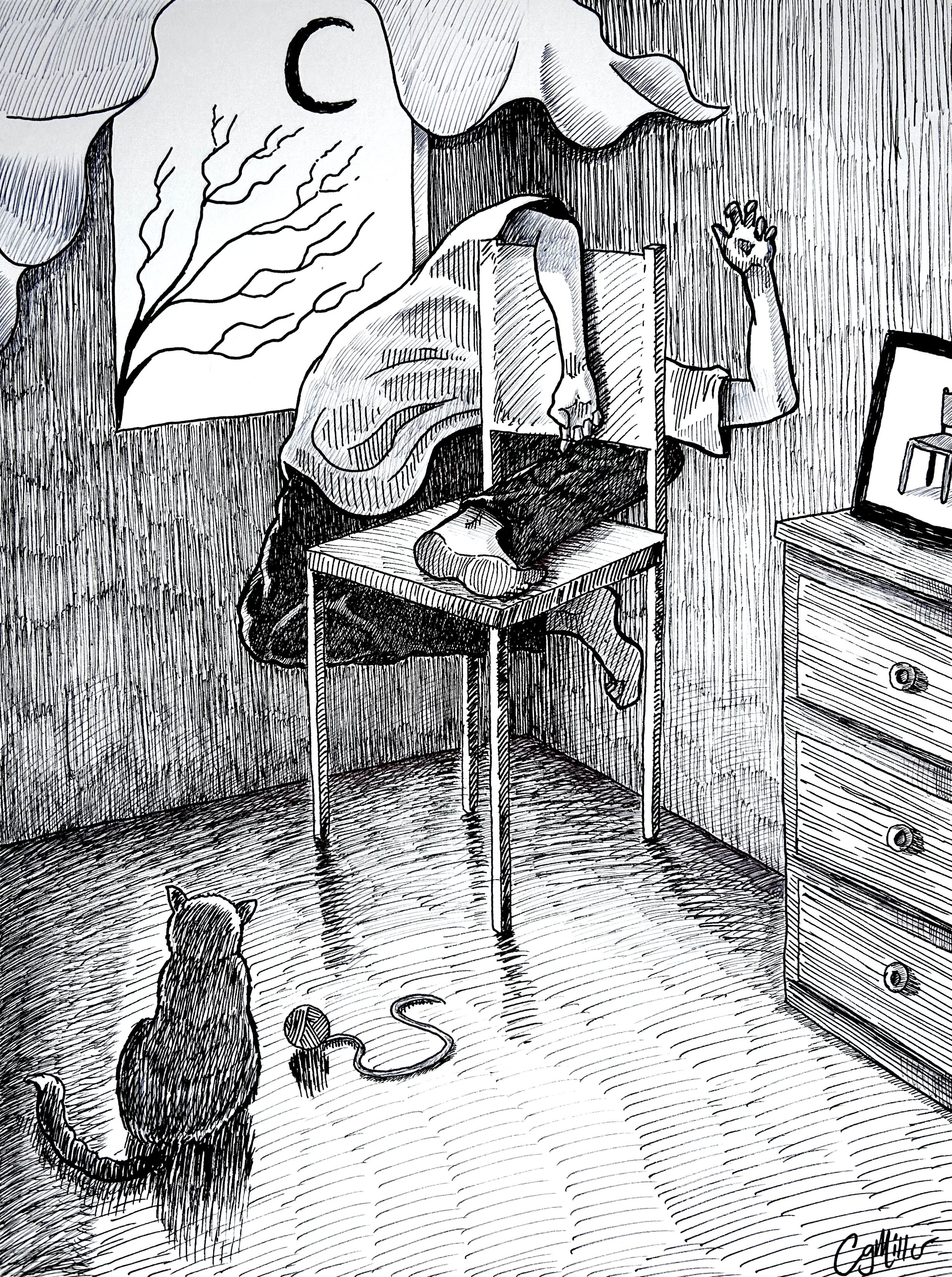 “How Should I Sit?” Framed Ink on 9” x 12” 100 lbs bristol