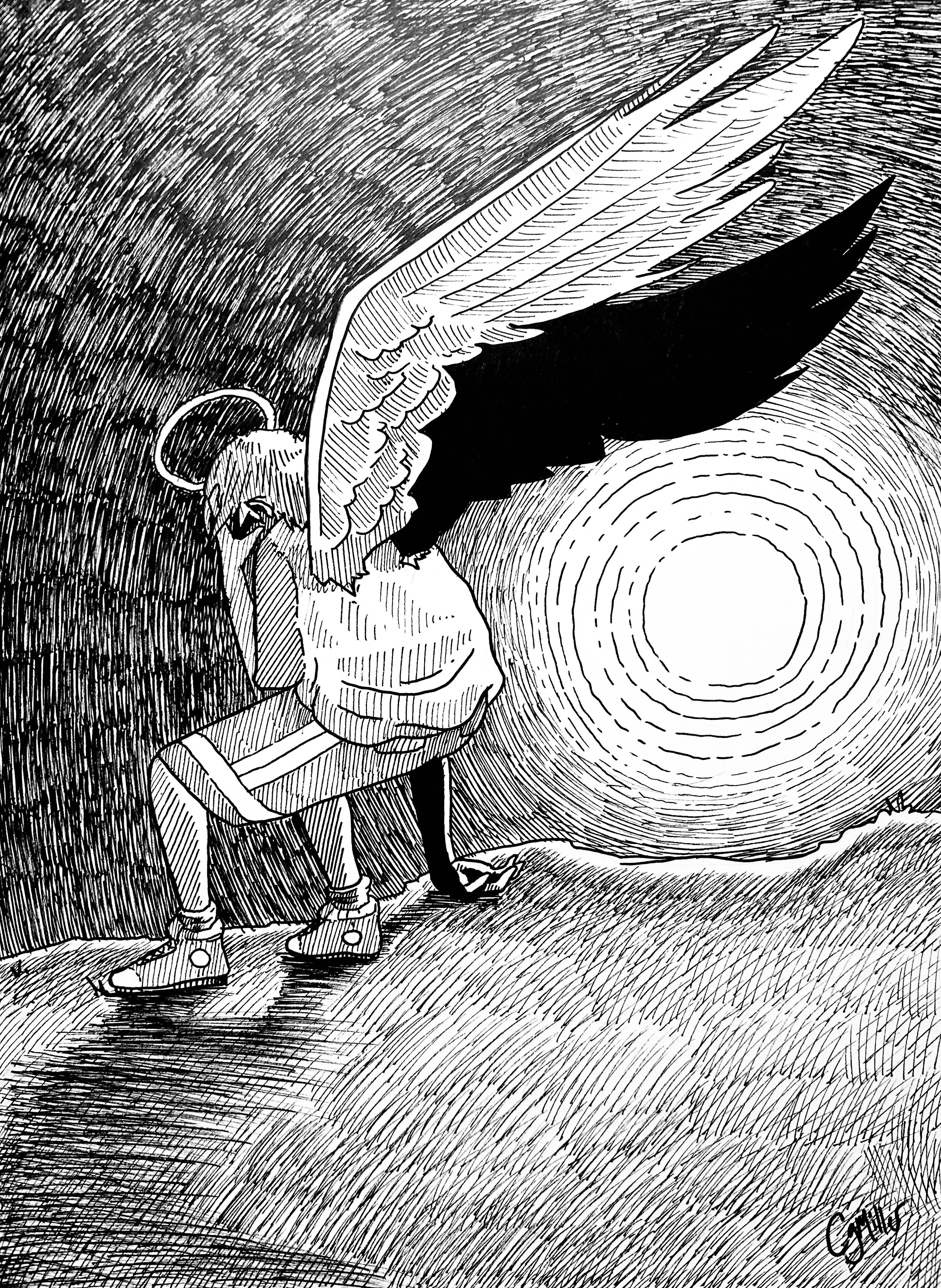 “The Weight of Wings” Framed Ink on 9” x 12” 100lbs bristol paper