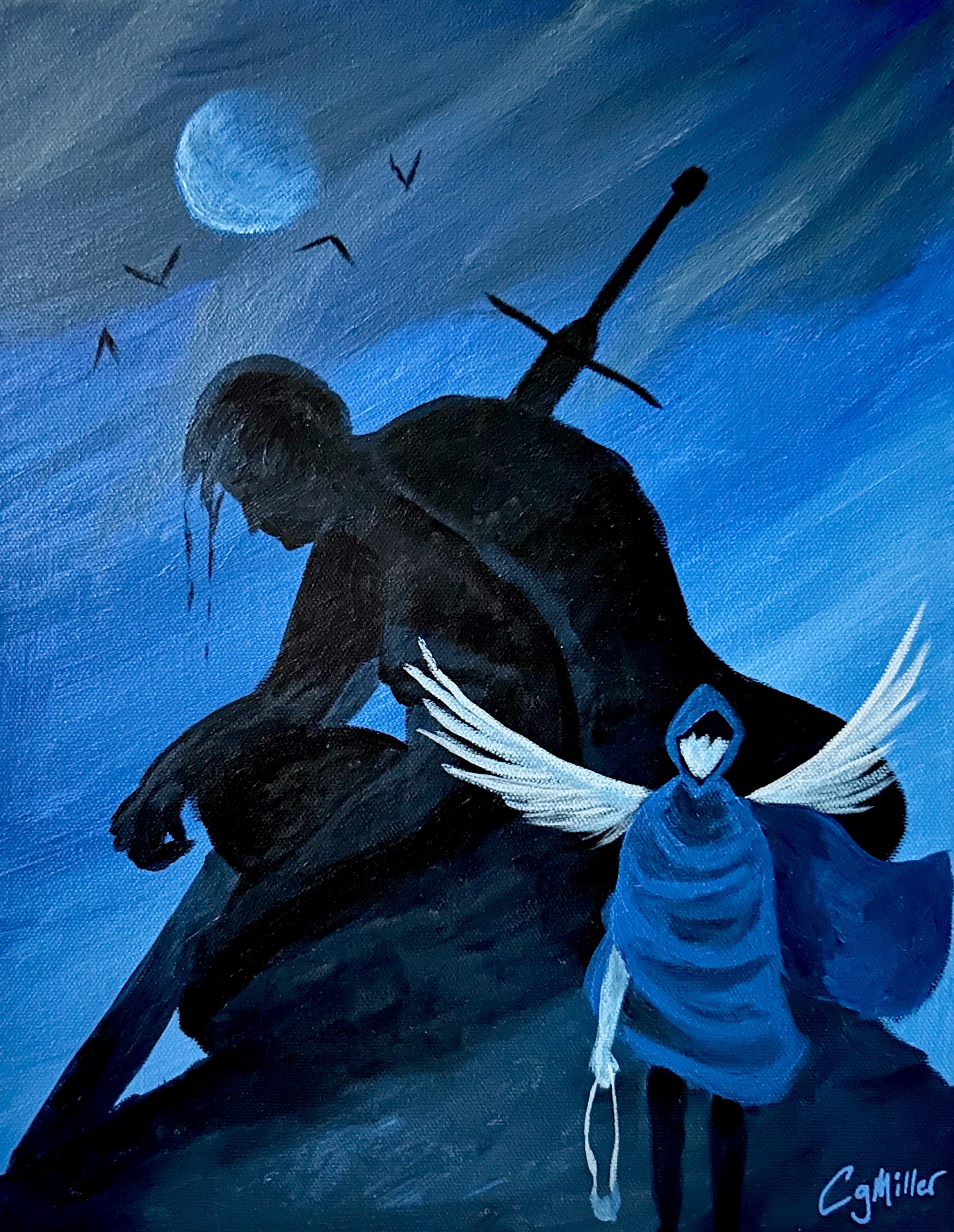A painting of David defeating Goliath. David is in the foreground with a blue cloak and angel wings holding his slingshot. Behind him, the silhouette of Goliath can be seen on his knees bleeding. A moon and birds are in the background.