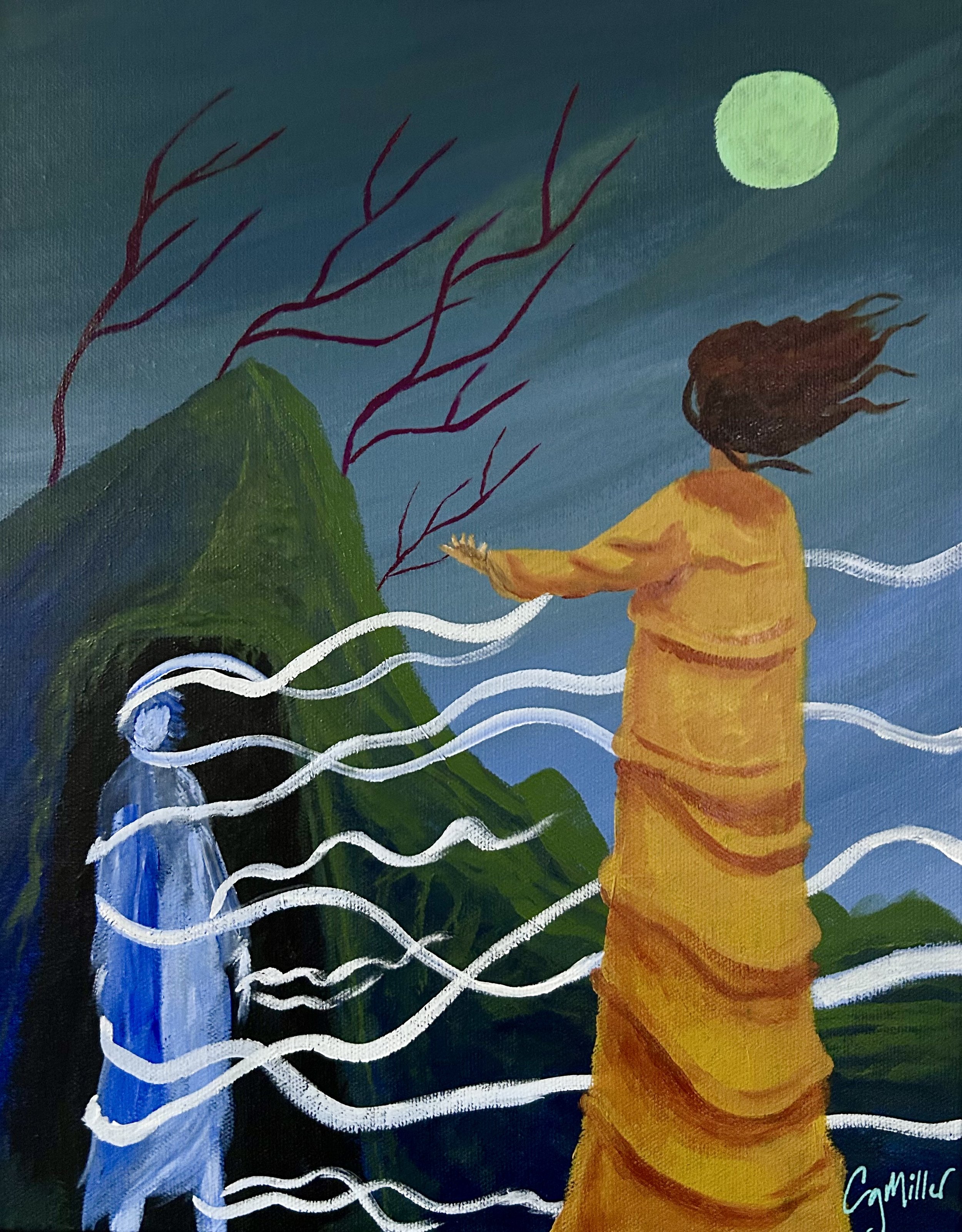A painting of Jesus in the foreground, back turned, as he raises Lazarus from his tomb. Lazarus walks from the depths with his grave clothes and white wraps unraveling in the air. The moon illuminates it all.