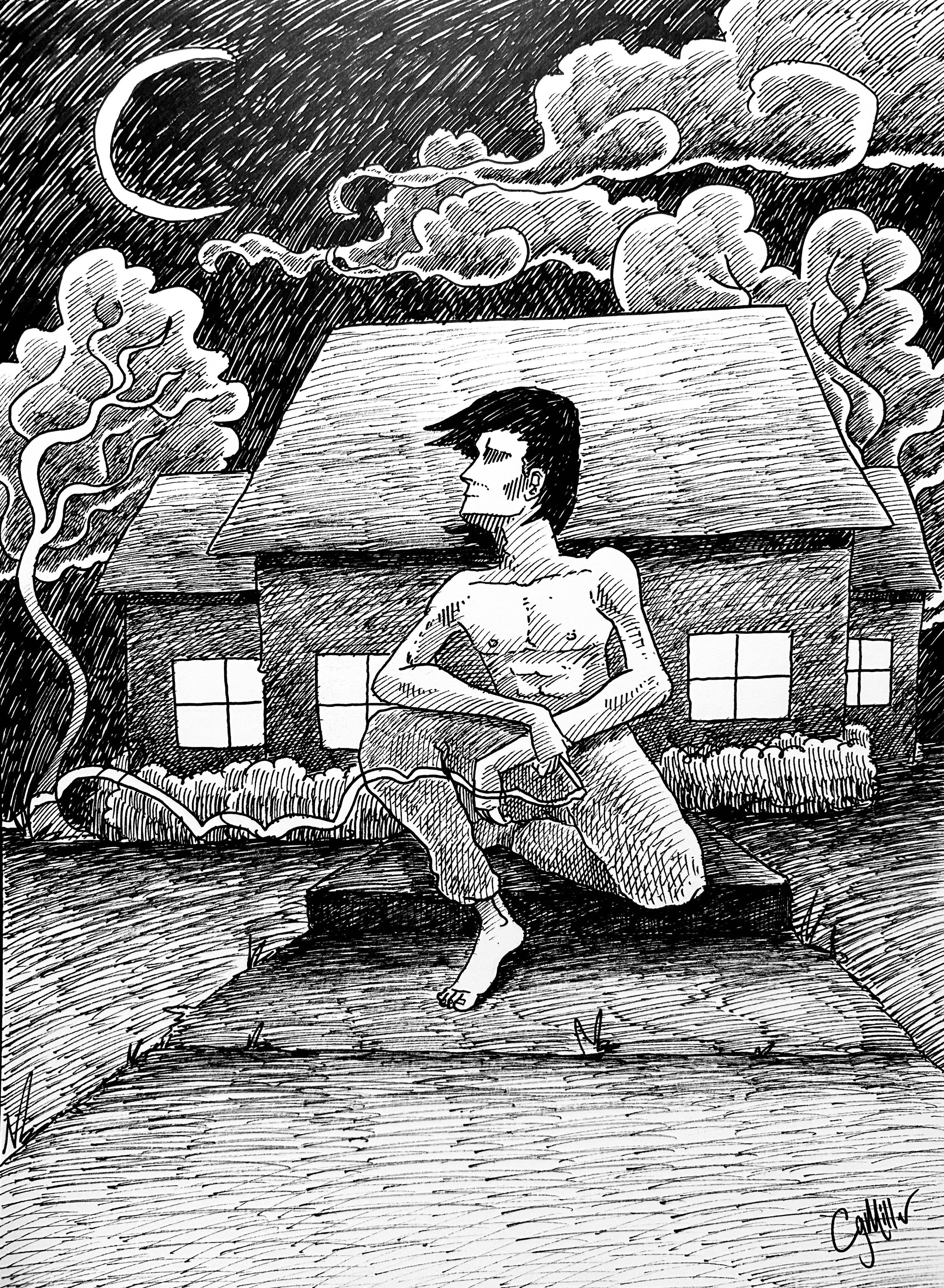 "Moon Man" (Pending Title) Framed Ink on 9” x 12” 100lbs bristol paper
