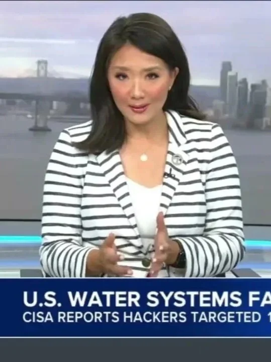 News anchor speaking in front of a city skyline background, wearing a striped blazer.