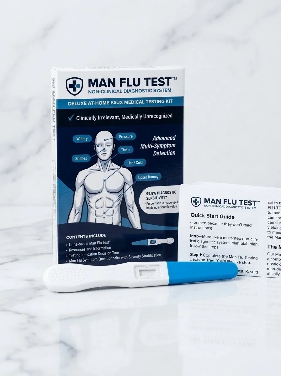 A man flu test kit with a testing device, instruction leaflet, and a box, placed on a white surface.