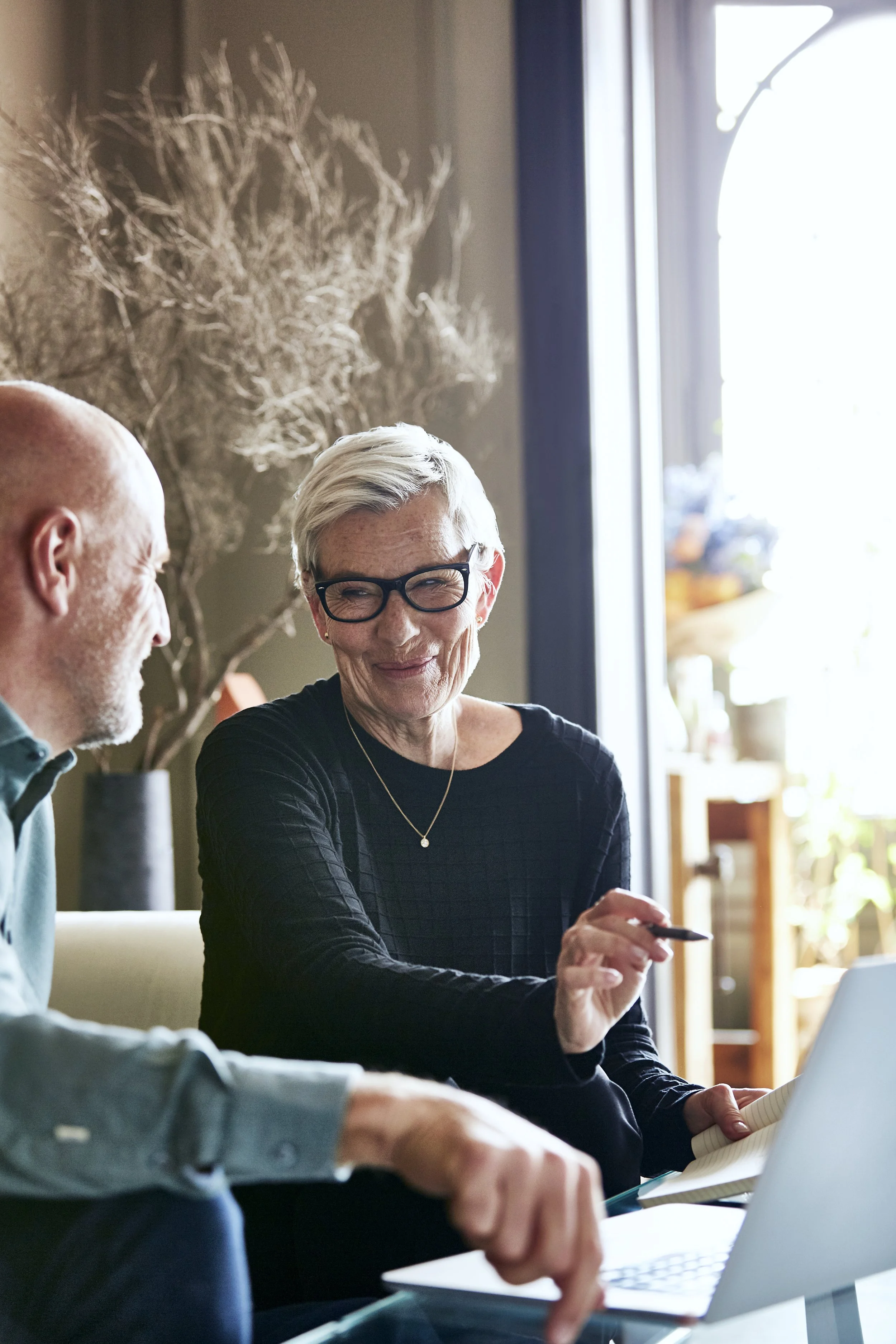 Three people are sitting at a table in a brightly lit room, engaged in conversation. One woman with short gray hair and glasses is smiling, holding a pen, and looking at a laptop. Two men are also present, one bald with a white beard and another with a bald head, partially visible. The background features a window letting in natural light and a decorative dried branch arrangement on the wall.