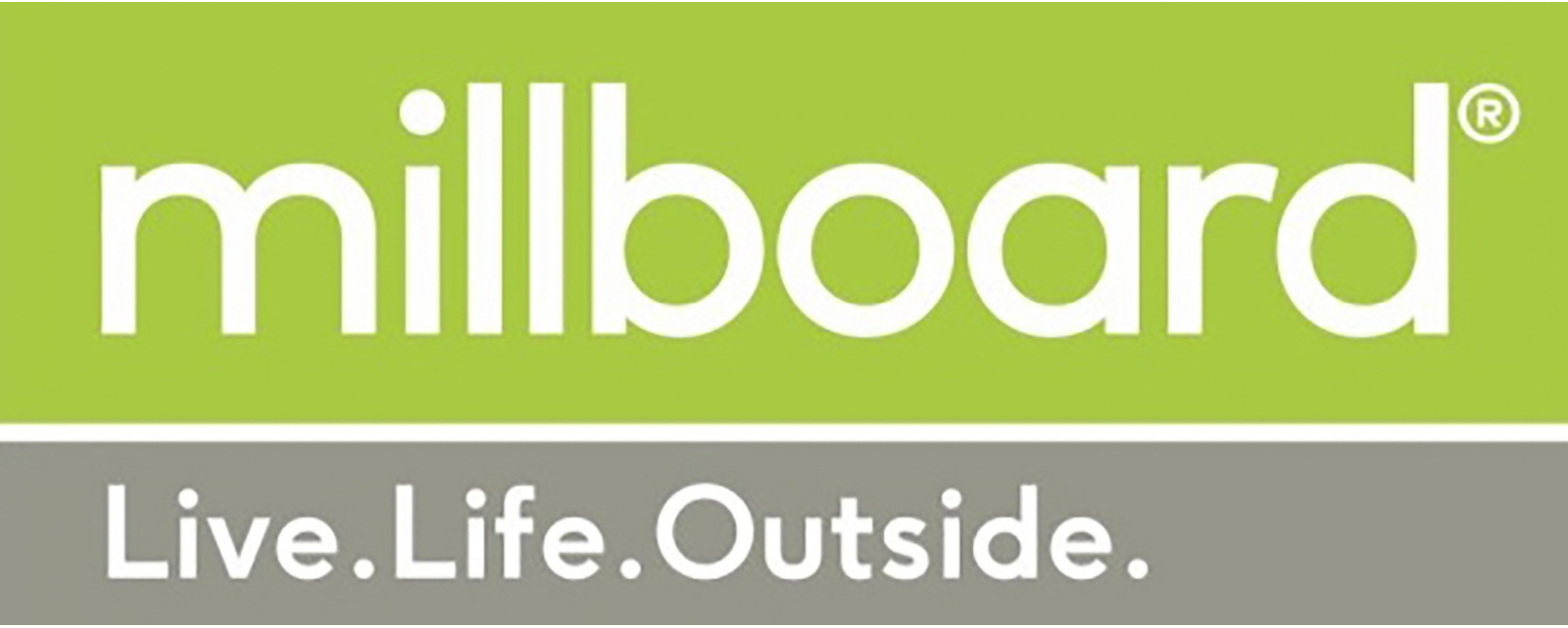 Logo of Millboard with the slogan 'Live. Life. Outside.'"
