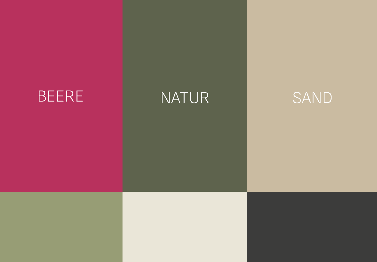 Eine Farbpalette mit sechs Quadraten, von oben links nach unten rechts: Beere, Natur, Sand, ein weiteres Beere, ein weiteres Sand, und ein dunkles Grau.
