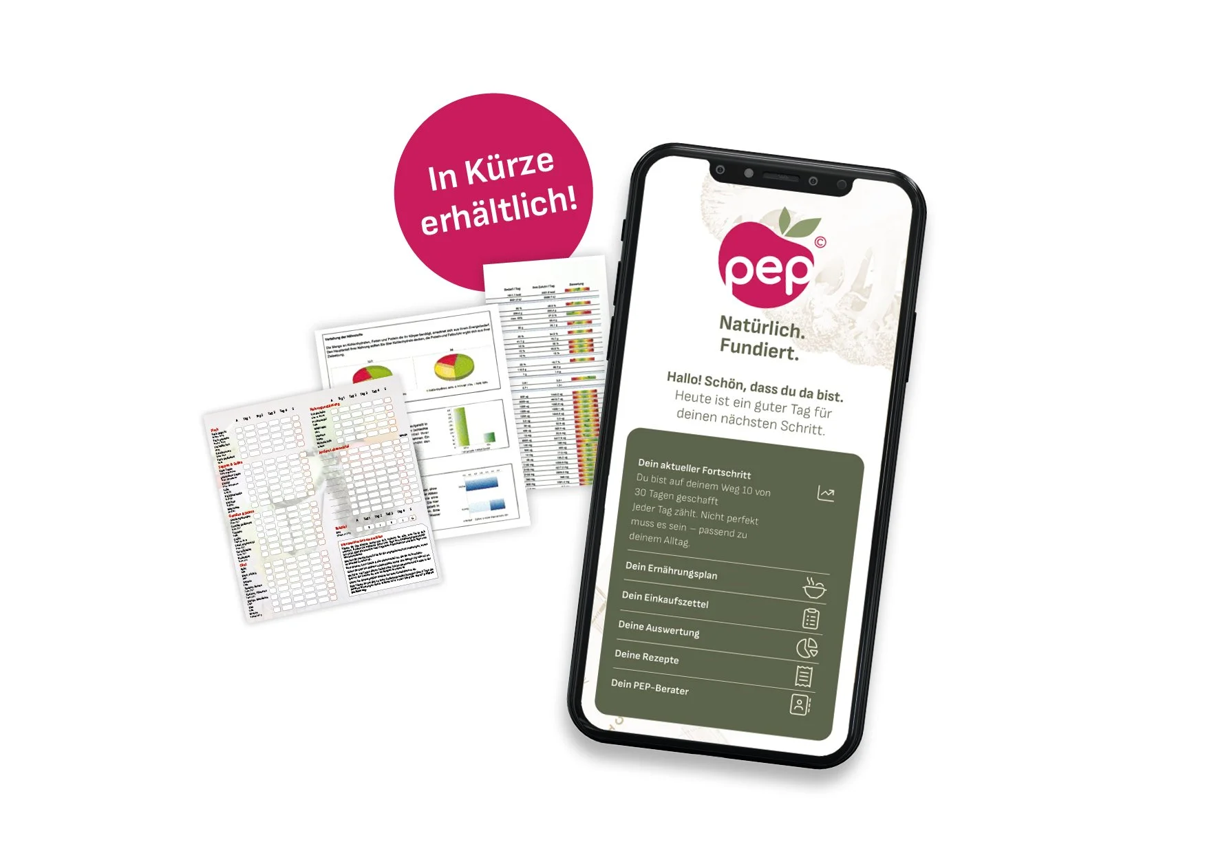 Smartphone mit App namens 'pep' auf dem Bildschirm, daneben liegen Gesundheits- und Ernährungstabellen, die auf eine gesunde Ernährung und Fortschrittsverfolgung hinweisen.
