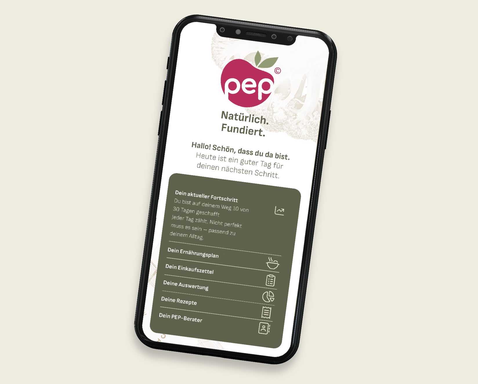 Ein Smartphone zeigt die Benutzeroberfläche einer Gesundheits- oder Fortschritts-App mit dem Logo 'pep', das einen Apfel in Form eines Herzens enthält, und Textabschnitten auf Deutsch über Fortschritte, Ernährung, Einkauf, Bewertung, Rezepte und Berater.