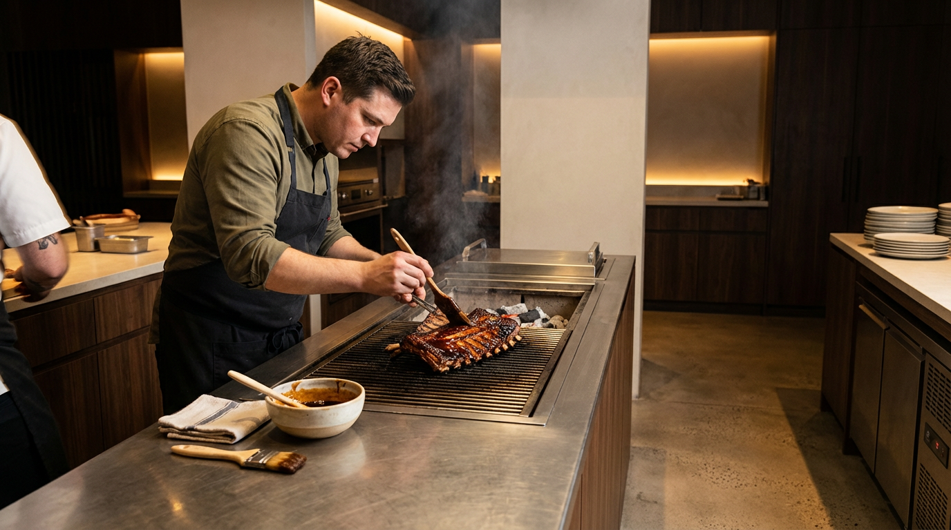 A man grilling a large piece of meat, possibly ribs, on a barbecue grill in a modern kitchen or restaurant setting.