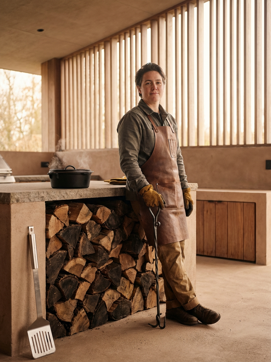 A person standing in a modern kitchen with wood accents, wearing a brown apron and gloves, holding a meat hook, with a wood stove and firewood stacked below the counter.
