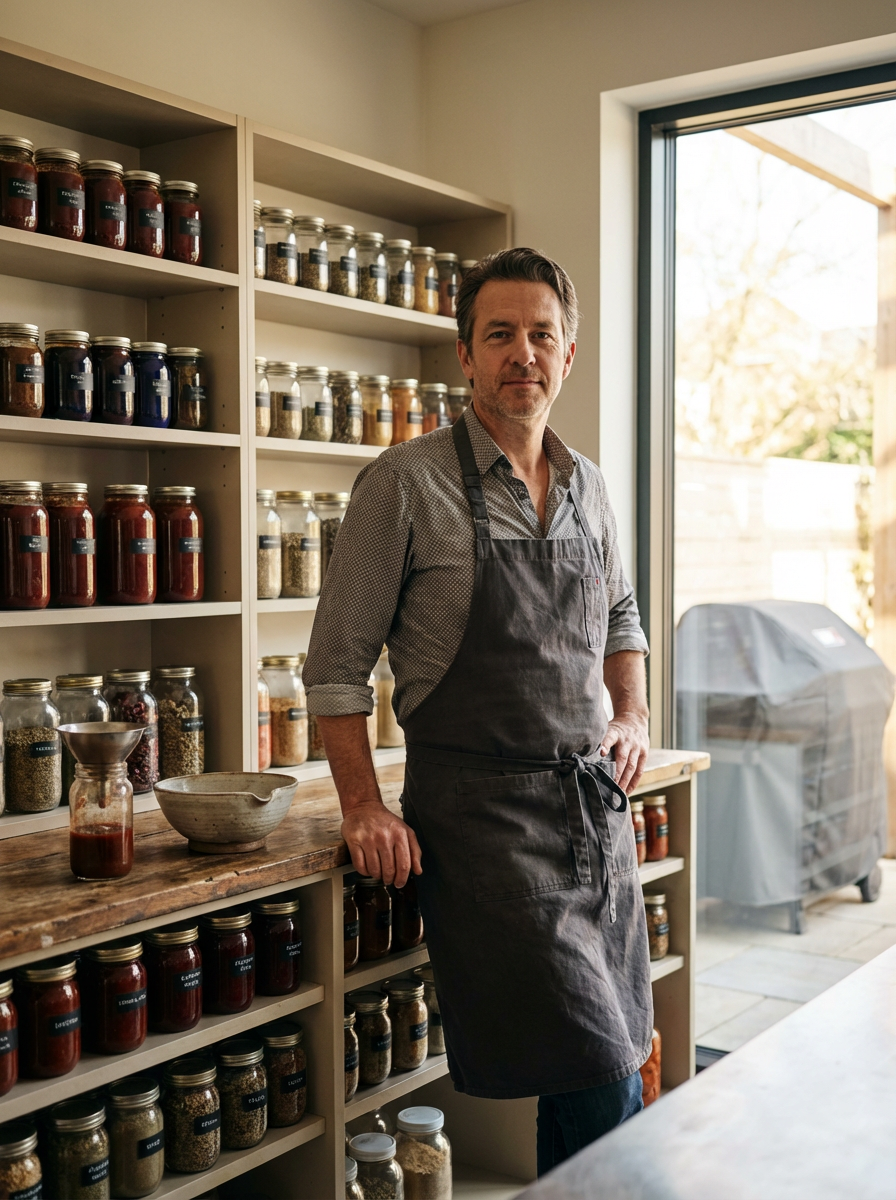 A man in a grey shirt and black apron standing in a pantry with shelves of glass jars filled with various spices and ingredients, near a large window with outdoor view.