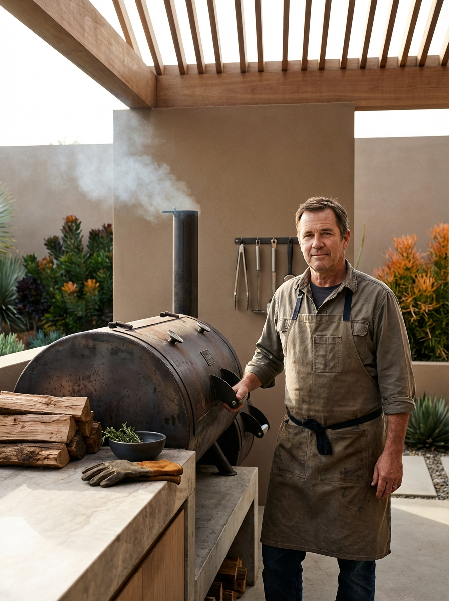 A man in an apron stands next to a black barbecue smoker with smoke coming out of the chimney, in an outdoor kitchen setting with a beige wall and green plants.