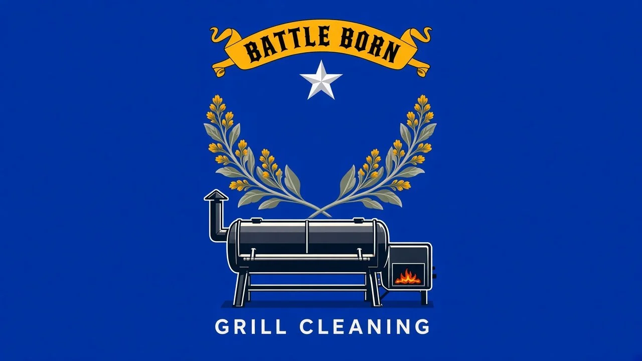 Illustration of a grill with flames, surrounded by laurel branches, with a star above and a banner reading 'Battle Born' at the top. Text at the bottom reads 'Grill Cleaning'.