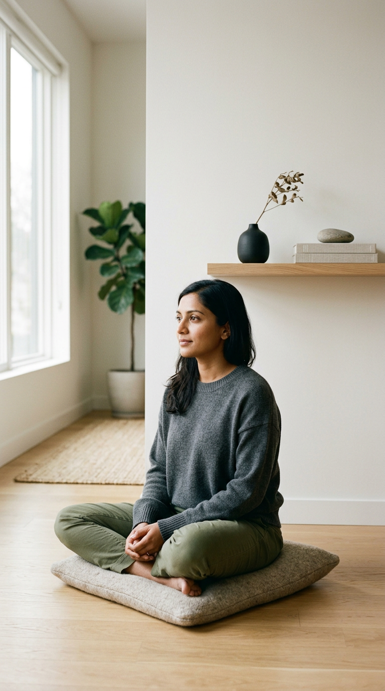 A woman sitting cross-legged on a cushion in a minimalist, bright room with a large window, a potted plant, and a floating shelf with a black vase holding dried leaves, a stone, and a book.