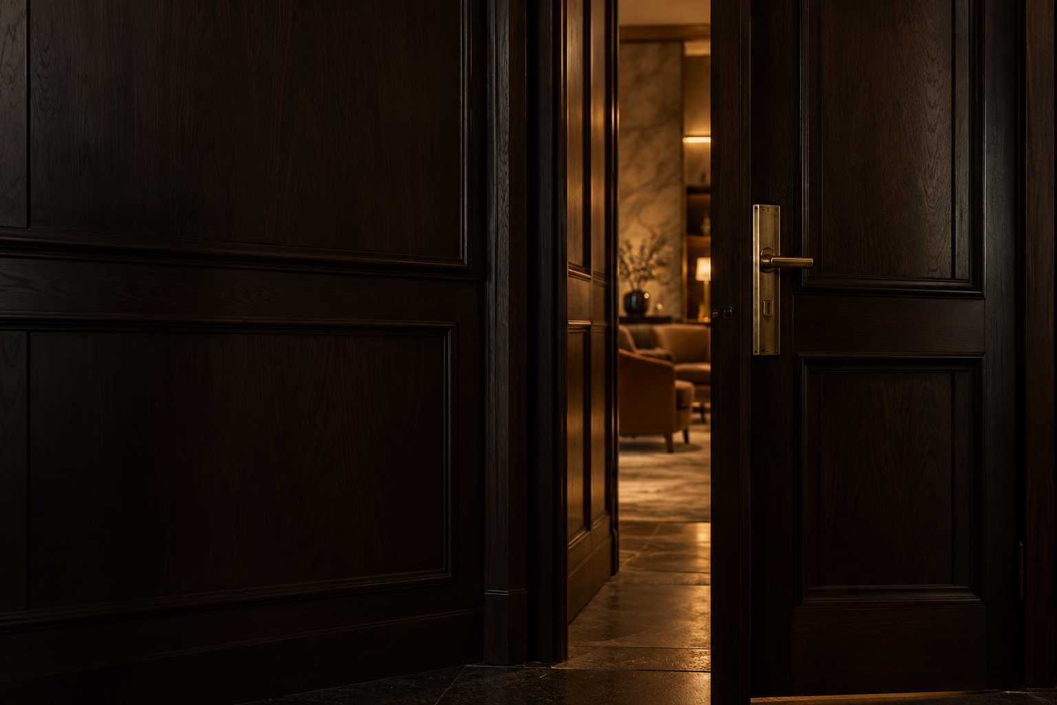 A dark timber door opens slightly onto a warmly lit private lounge.