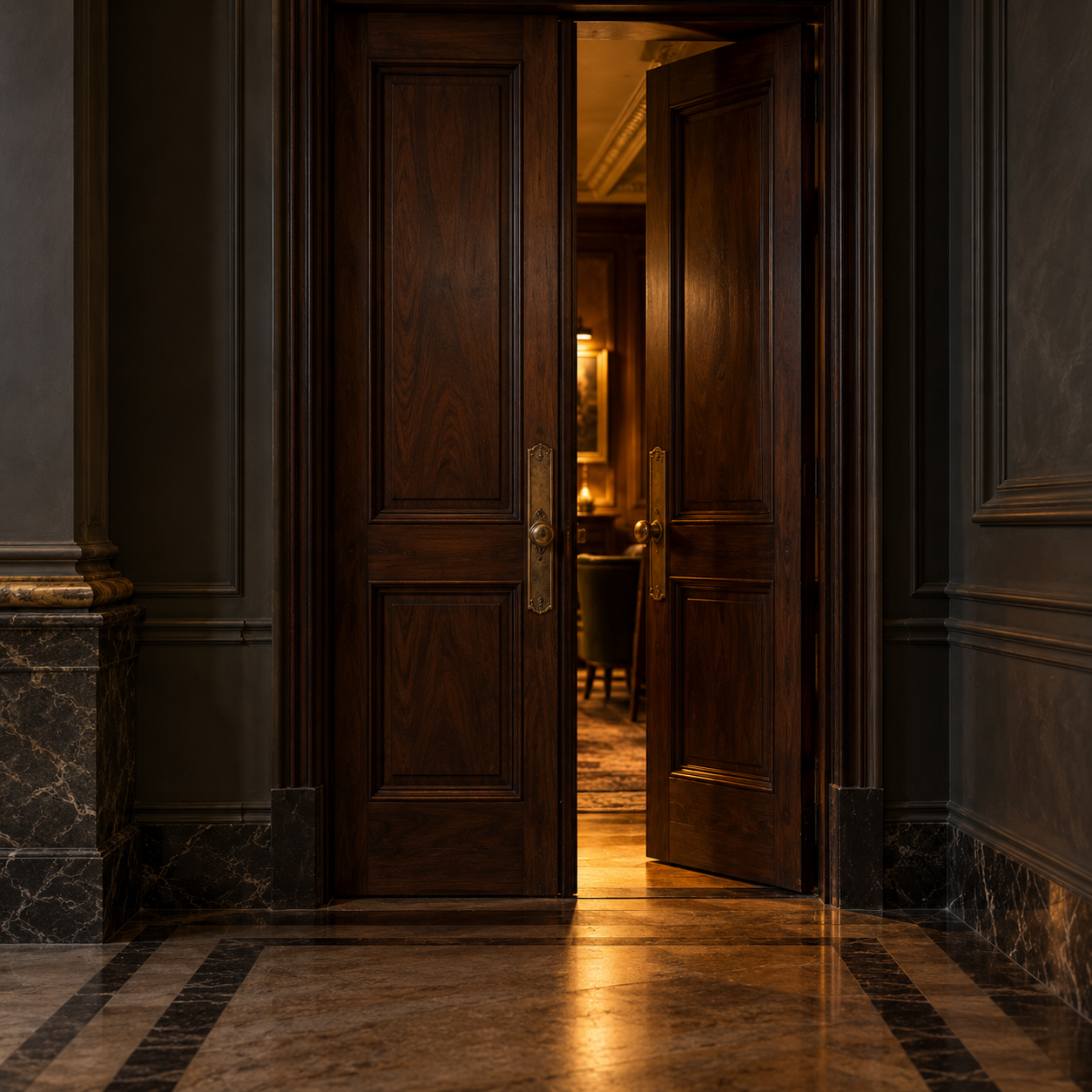 Dark timber doors opening slightly onto a warmly lit private space.