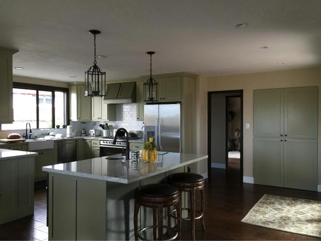 Cabinet and interior refinishing, kitchen (sage green)