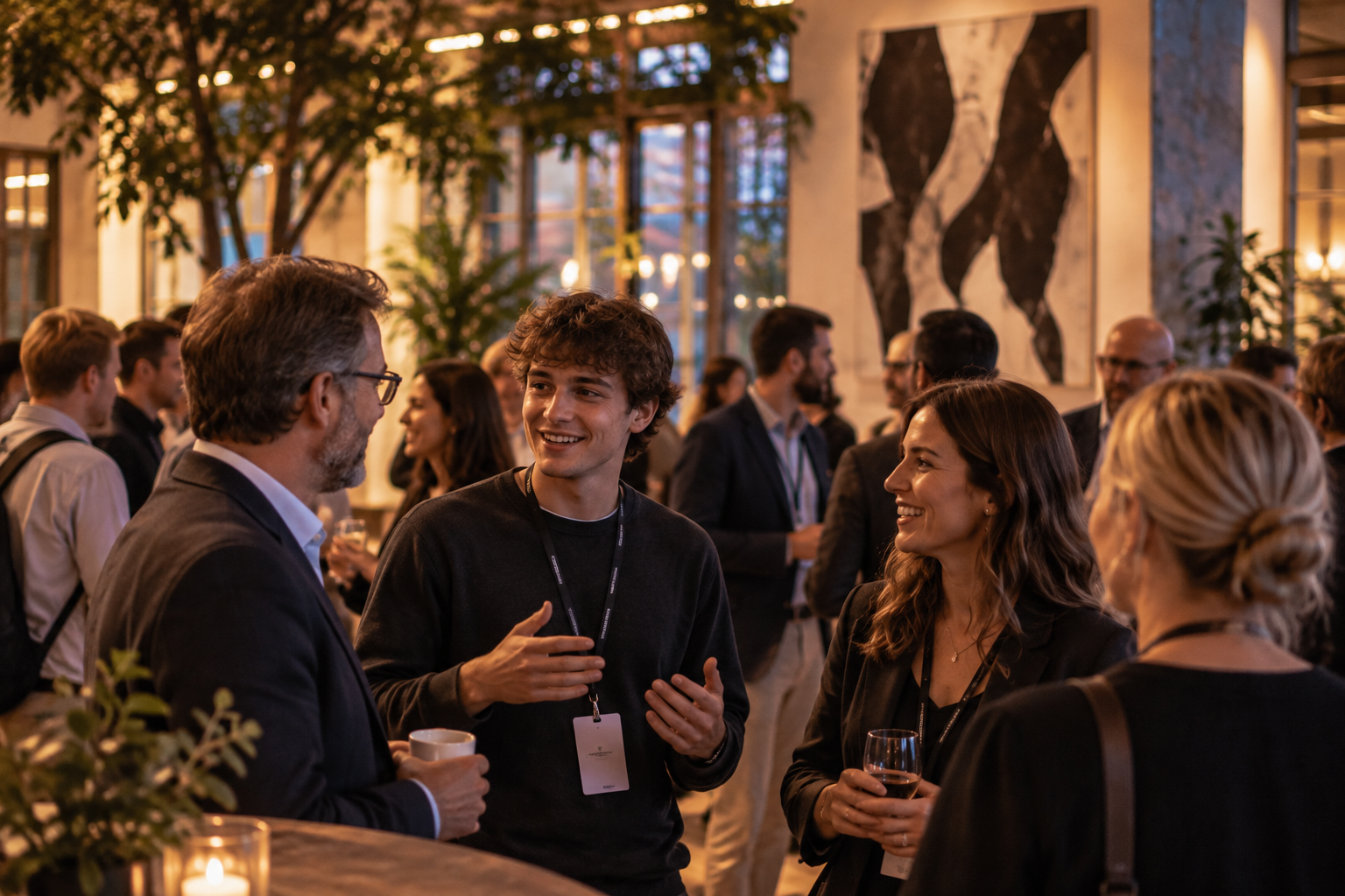 Procurement leaders and technology innovators in conversation at a networking event.