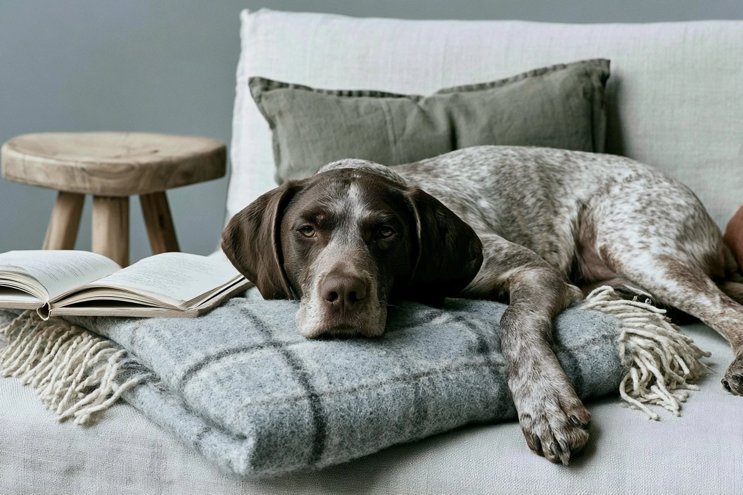 Dog resting on a grey wool blanket on a linen sofa with cushion. AI-generated image.
