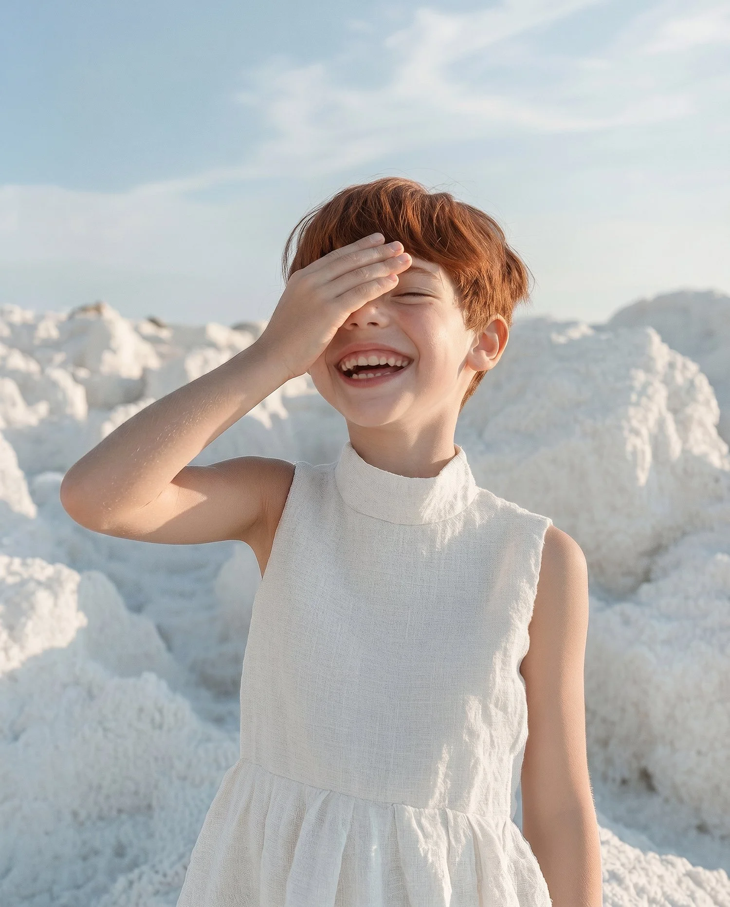 Girl laughing in a white dress on a white salt flat. AI-generated image.