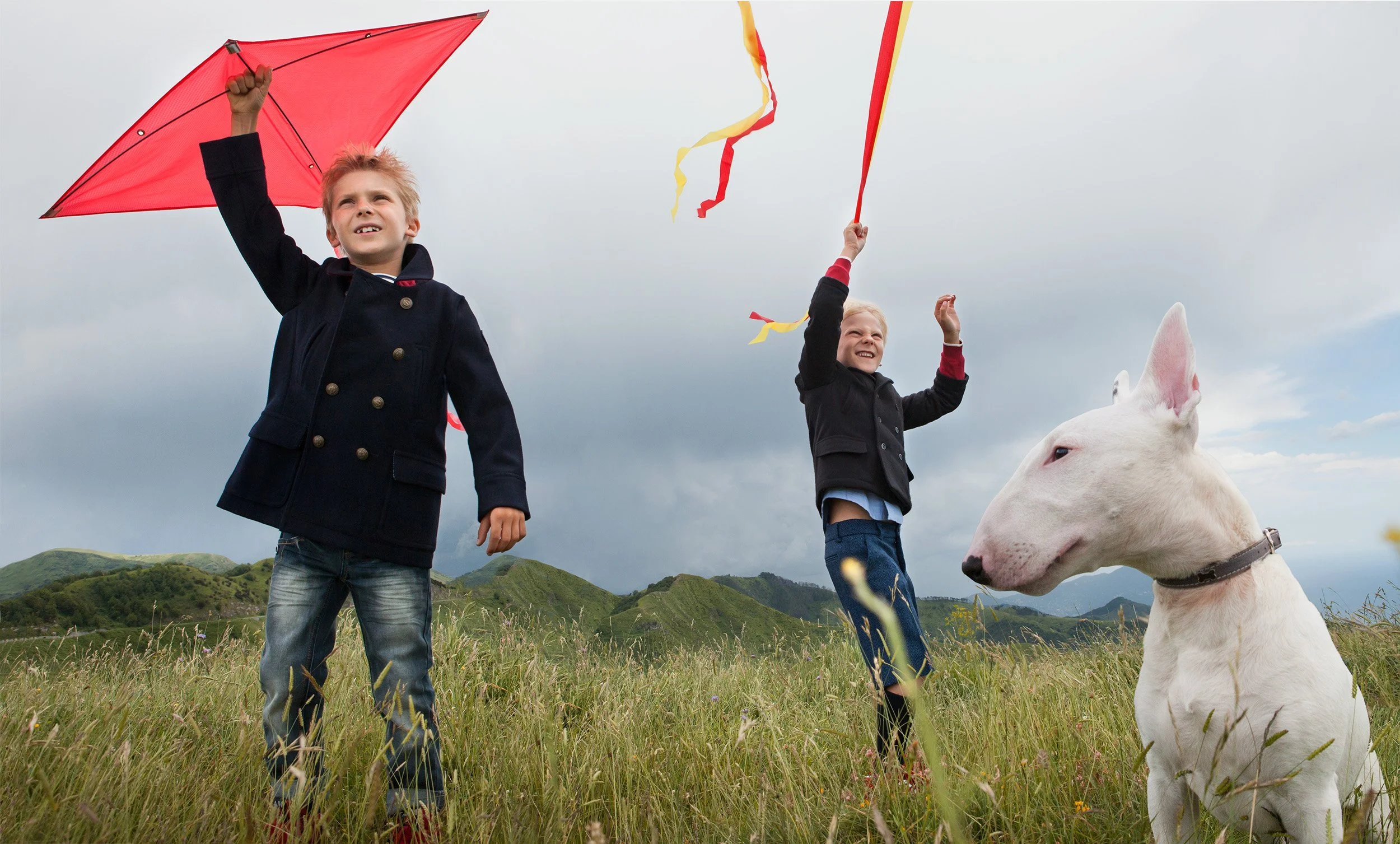 Style Piccoli editorial — two brothers flying a red kite in a field, with a bull terrier.