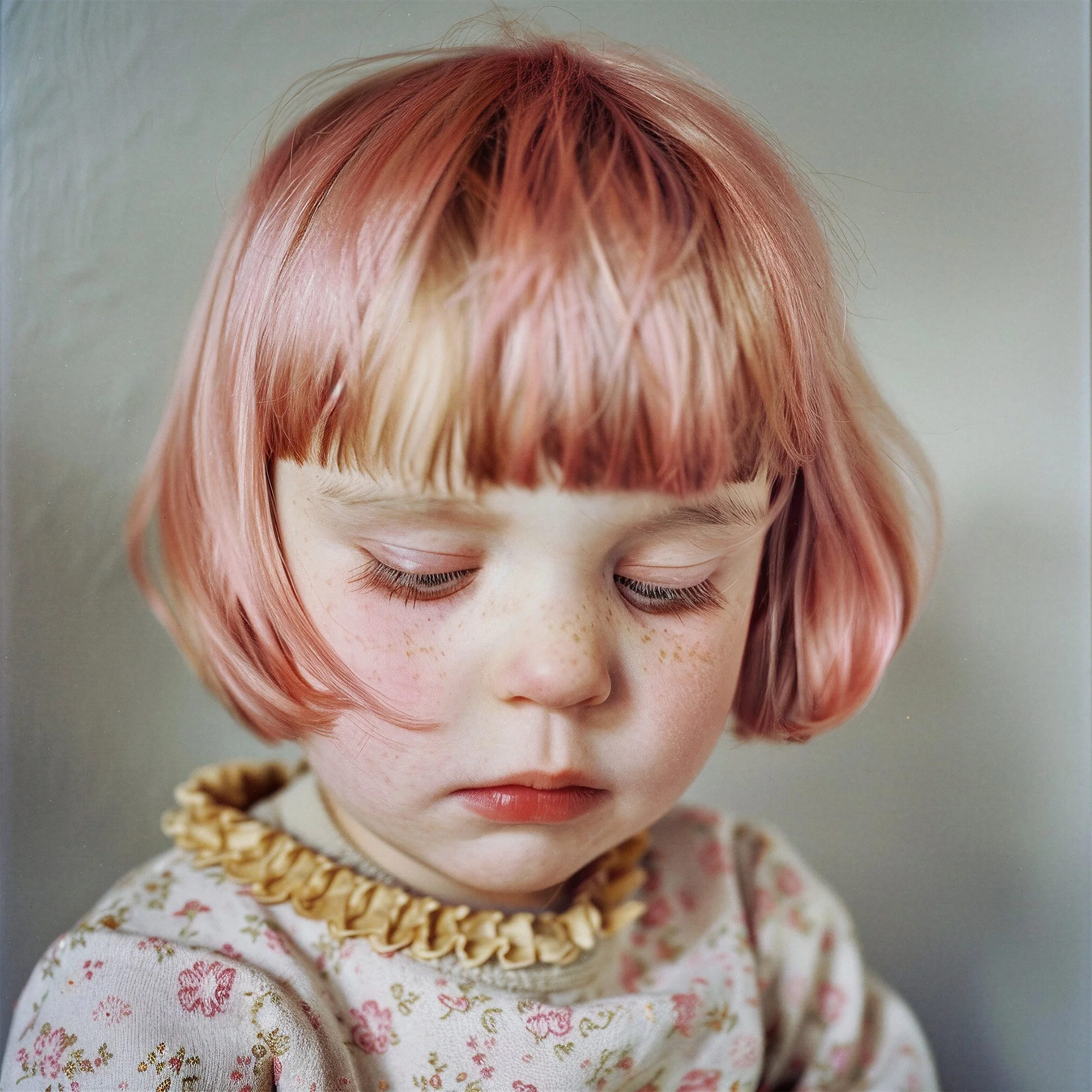 Close portrait of a small girl with a pink bob and a beaded collar. AI-generated image.