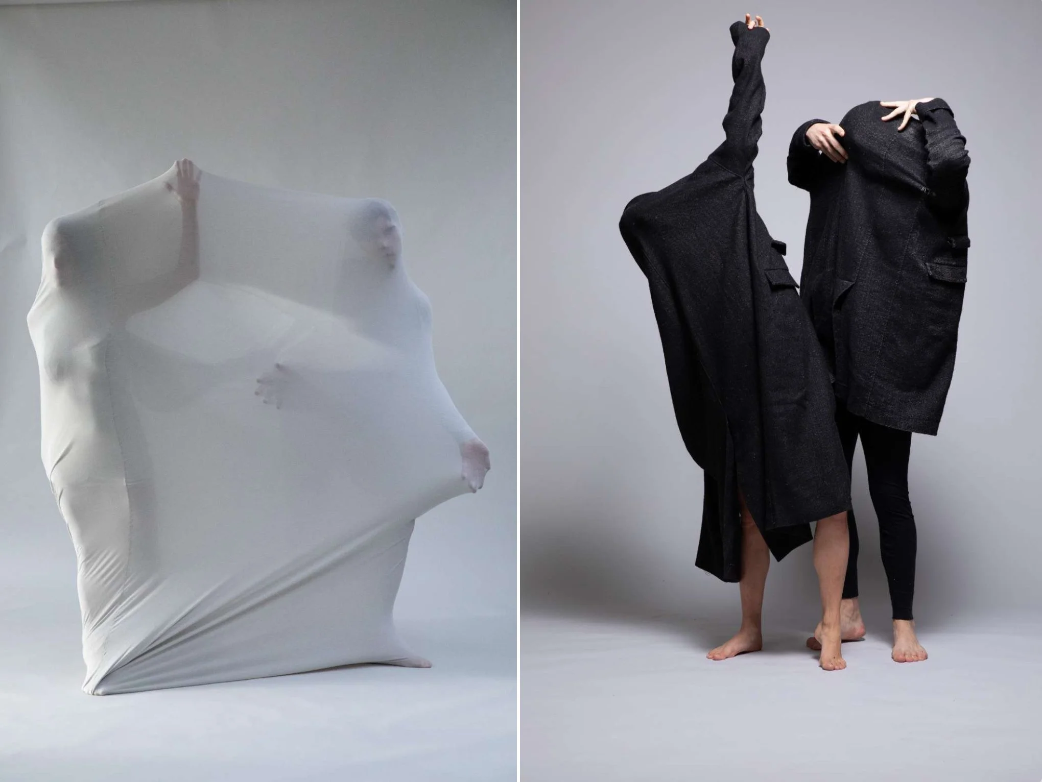 Diptych: a figure sealed inside stretched white jersey, and two figures hidden under dark wool coats with bare feet, both on a grey seamless — textile and body, conceptual fashion, studio.