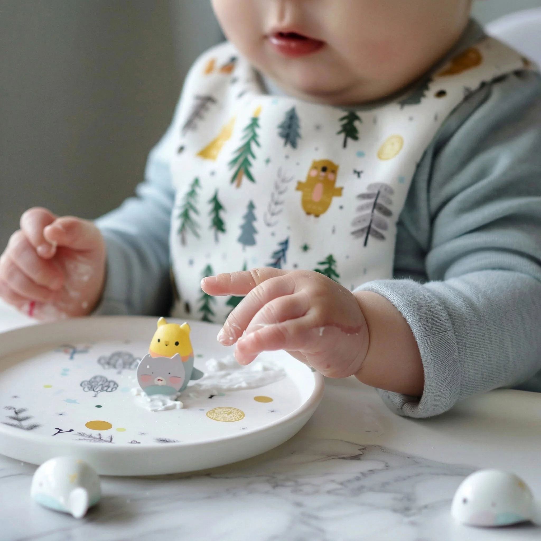 Baby in a forest-print bib reaching for a toy on a patterned melamine plate, marble table — baby tableware and weaning, lifestyle close-up, AI-generated image.