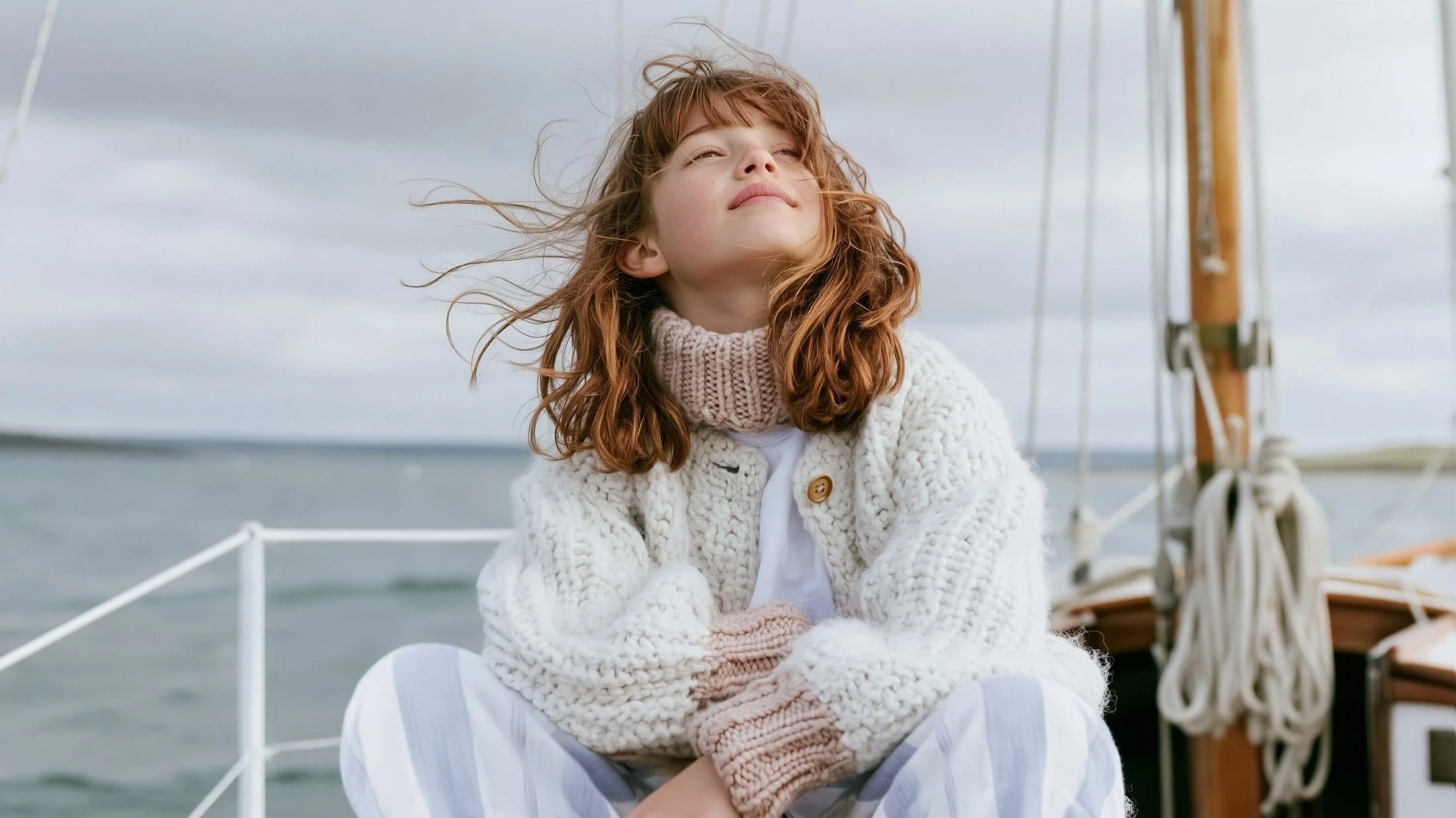 Girl on a sailing boat with her eyes closed in a cream hand-knit cardigan, blue striped trousers, rigging and grey sea behind — kidswear knitwear campaign, overcast light. AI-generated image.