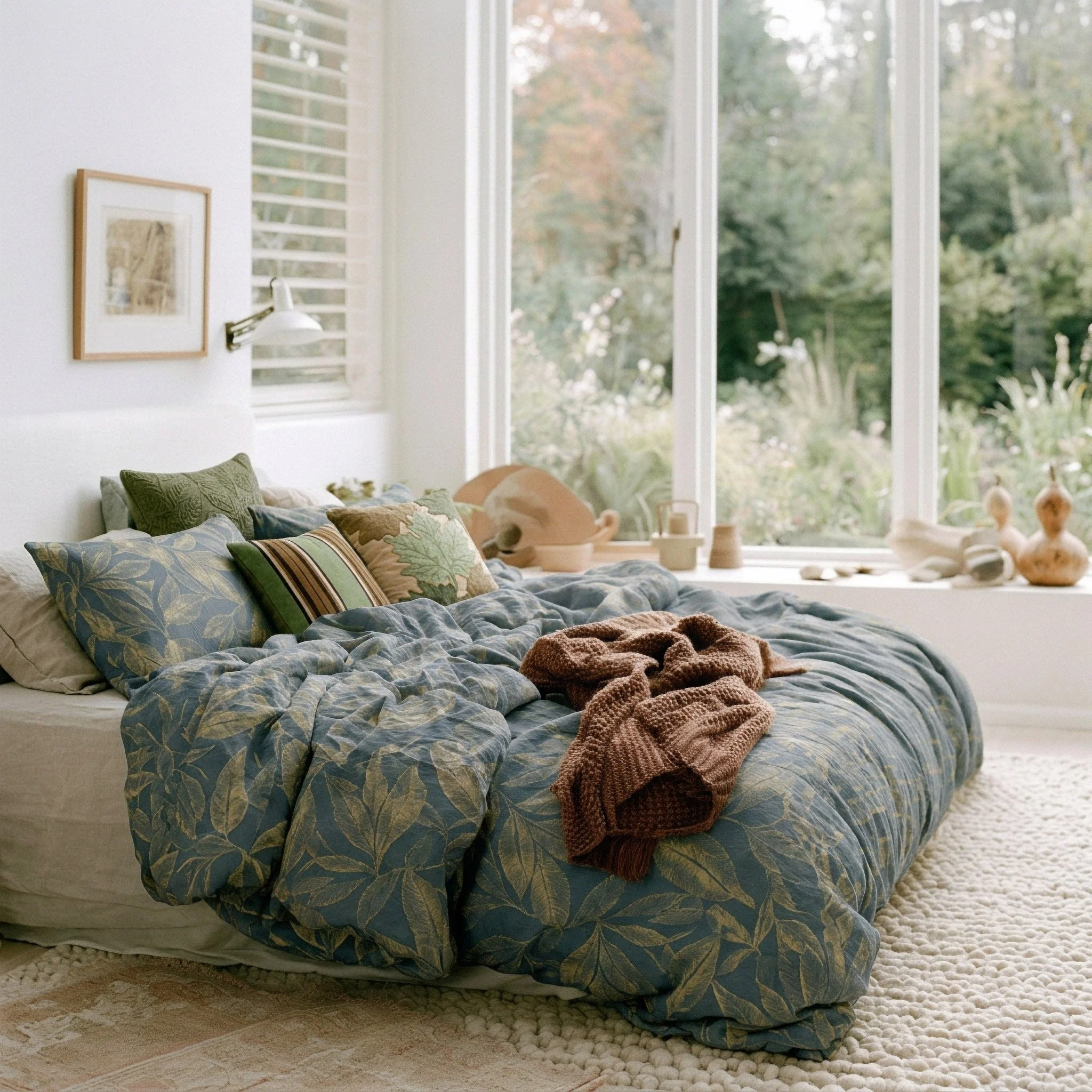 Bedroom with aqua green floral bed linen and a garden view. AI-generated image.