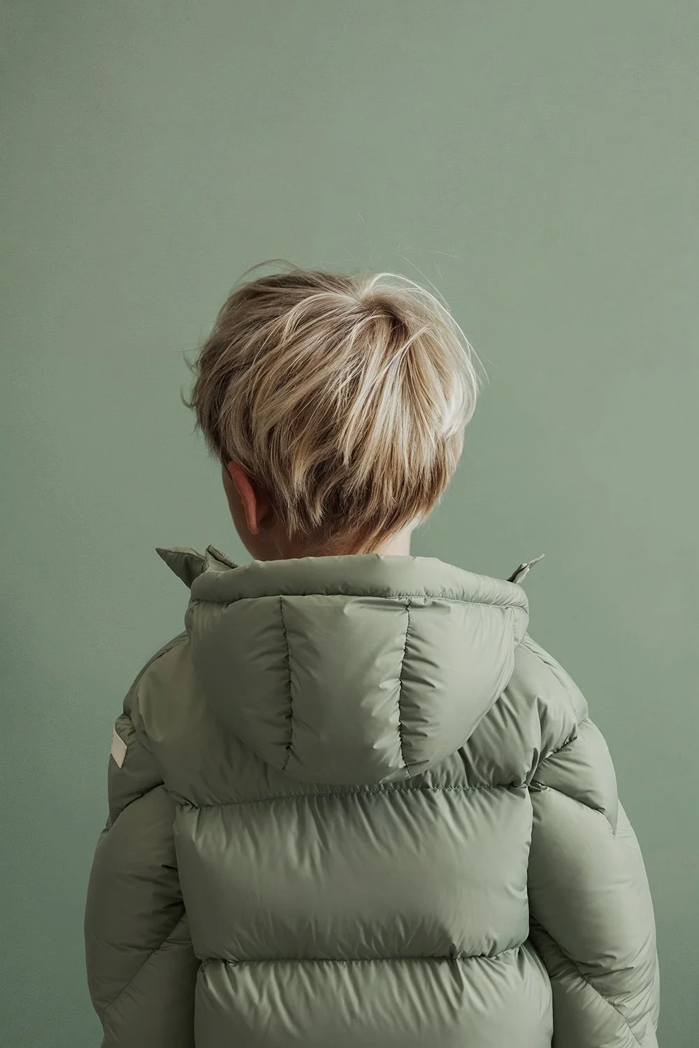 Il Gufo — down jacket seen from behind on a sage ground. AI-generated image.