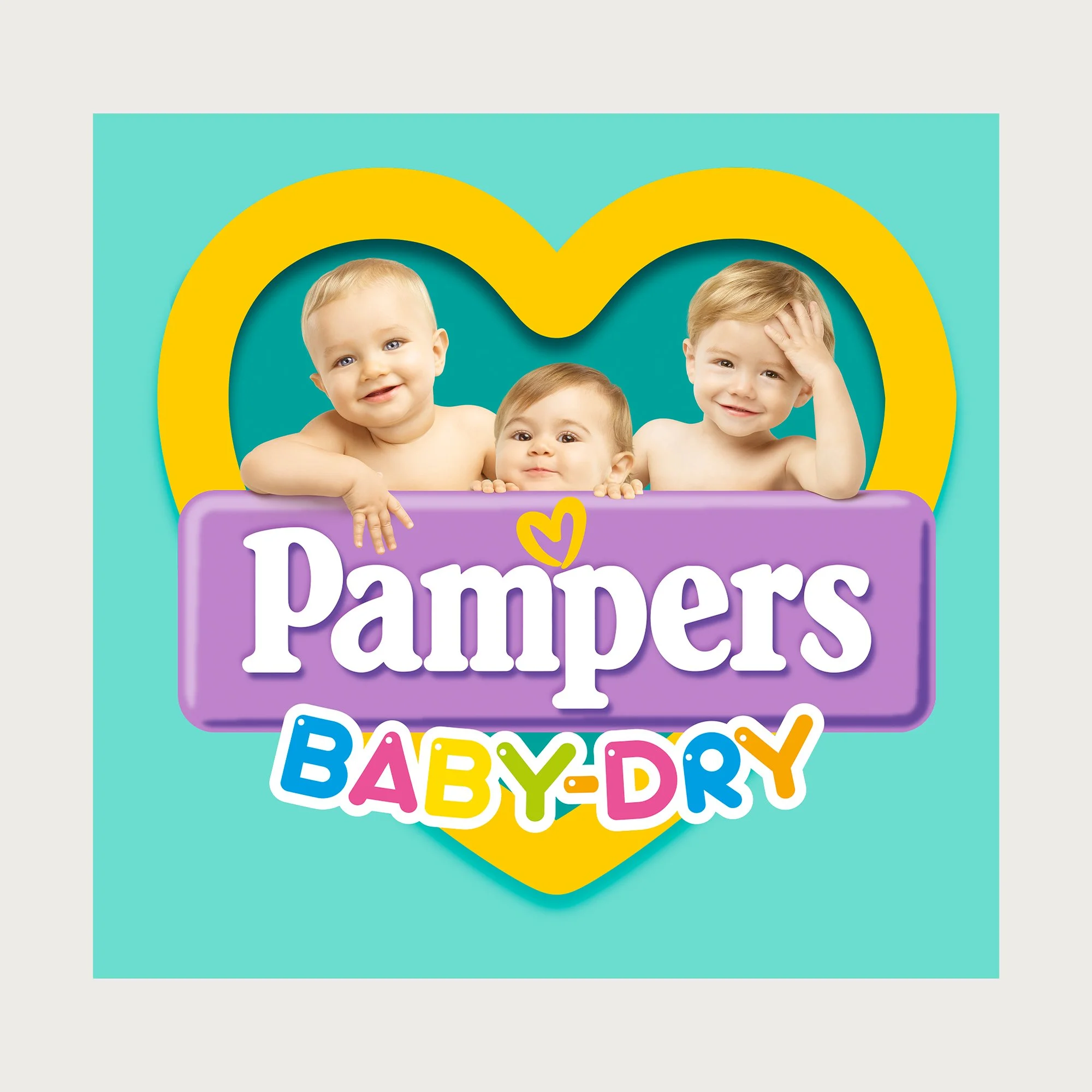 Three babies cut out inside a yellow heart on teal, above the Baby-Dry pack lockup — Pampers packaging.