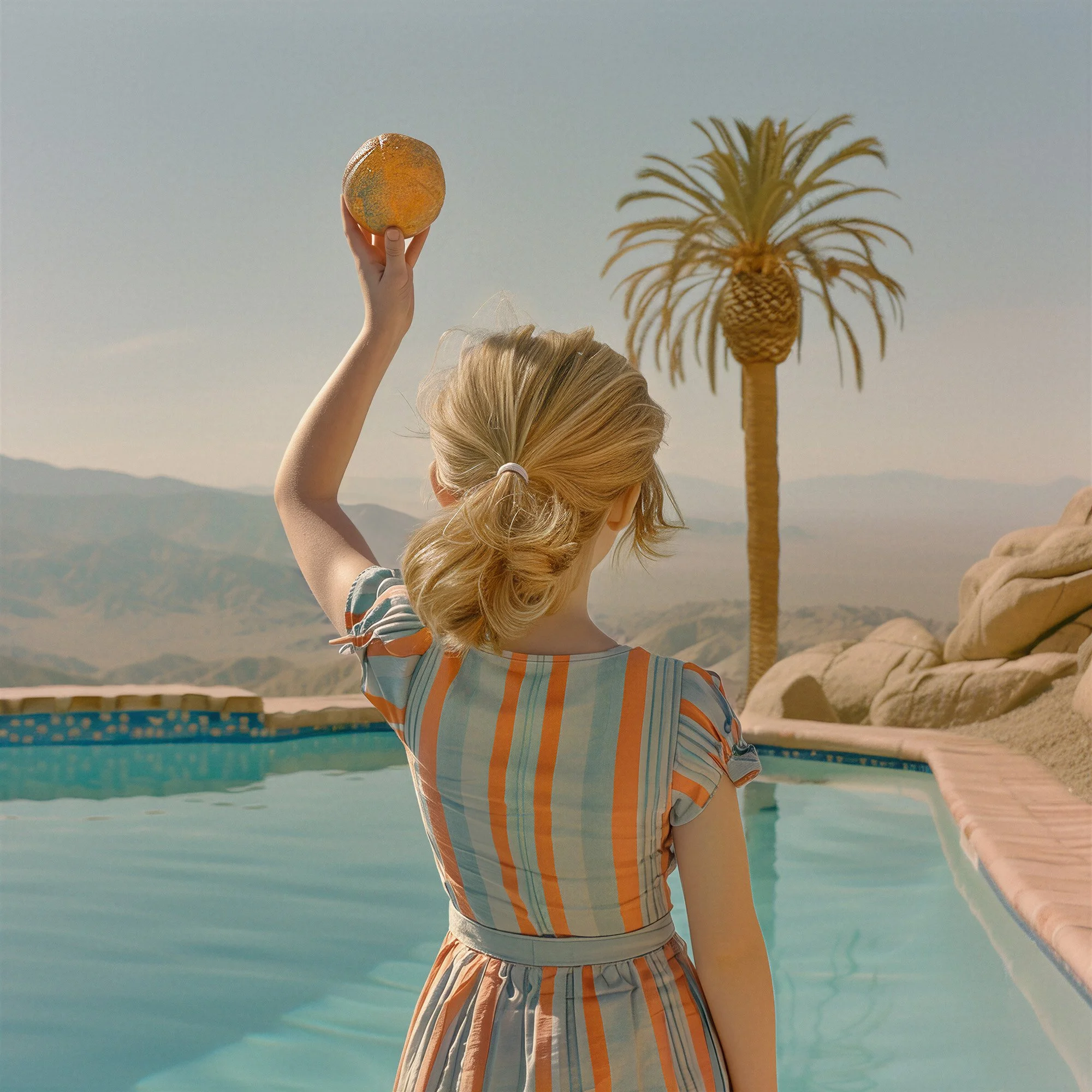 Striped dress and a raised ball at the edge of a desert swimming pool. AI-generated image.