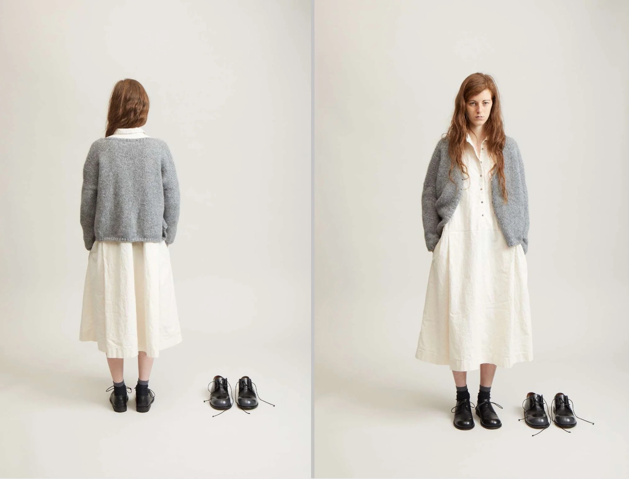 Woman in grey cardigan and white dress with black shoes