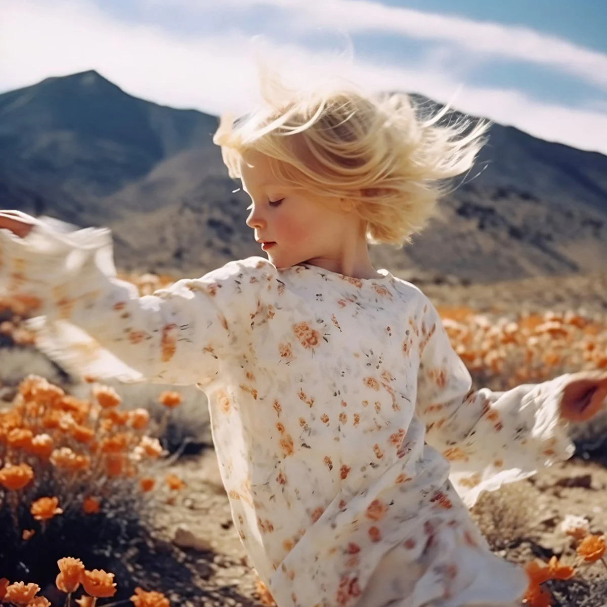 Girl in a floral dress running through orange flowers below a mountain ridge. AI-generated image.