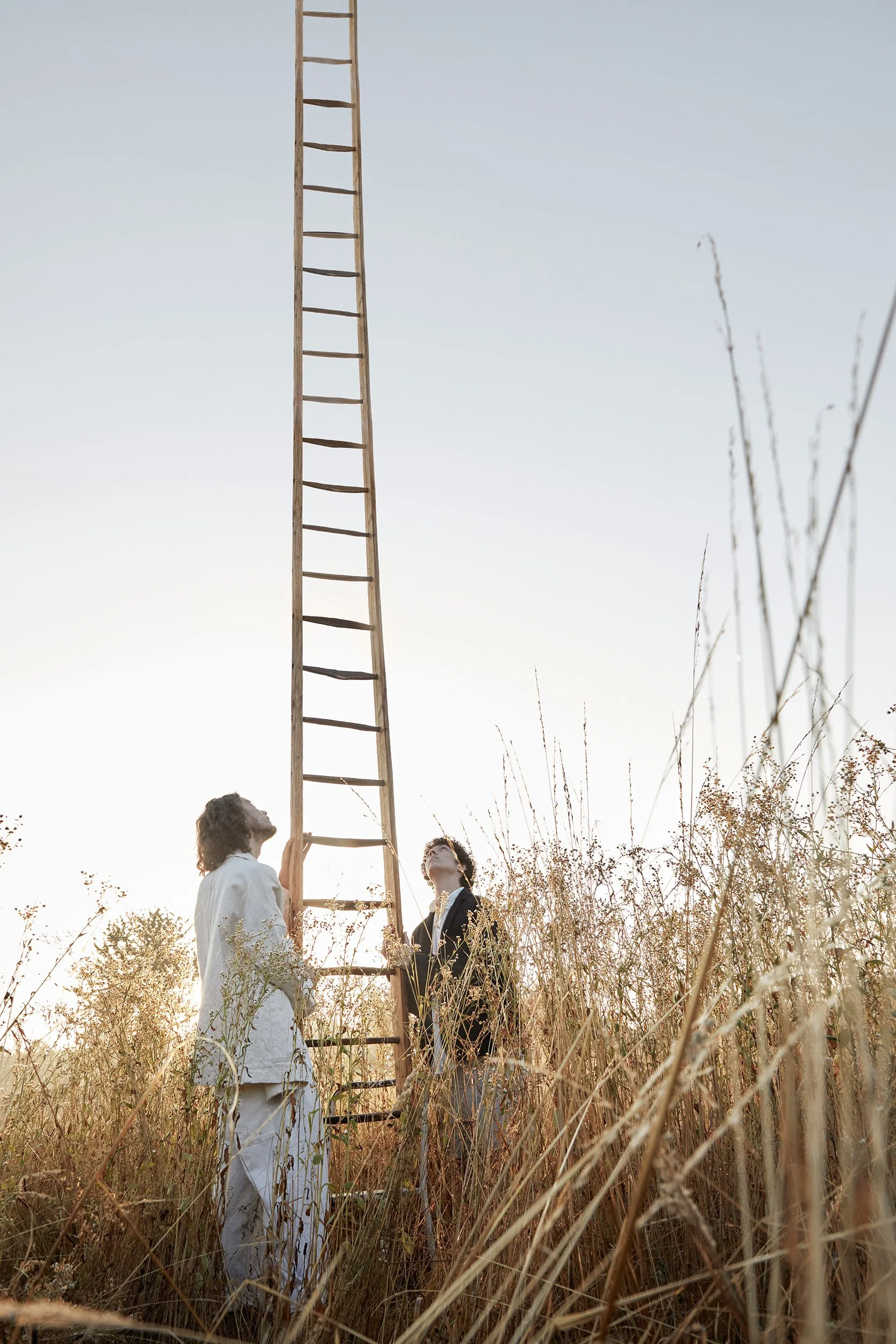 Two people holding a tall wooden ladder in a golden field looking at the sky