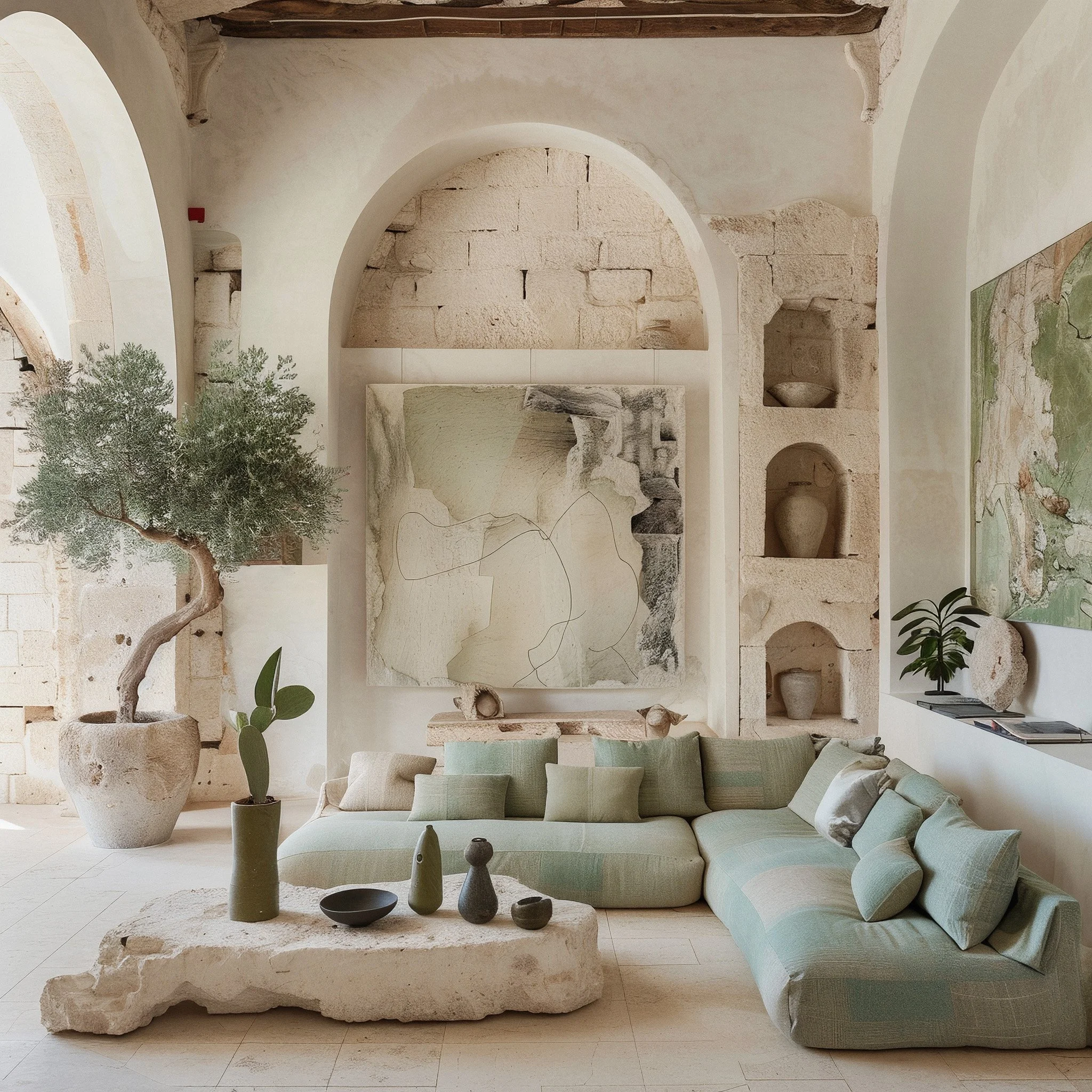 Mediterranean stone interior with sage green sofa and handmade ceramics. AI-generated image.