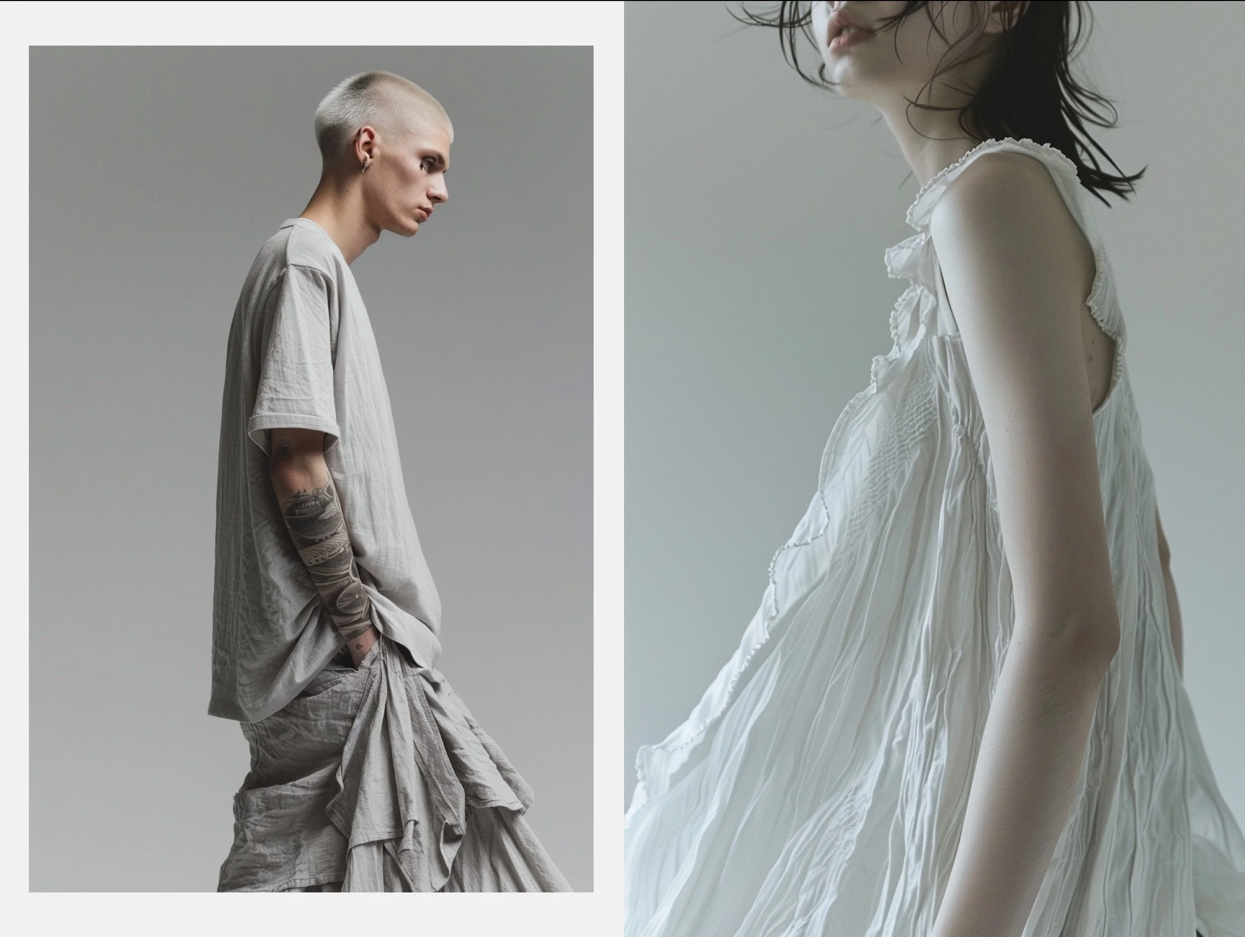 Grey linen fashion editorial, man and woman. AI-generated image.