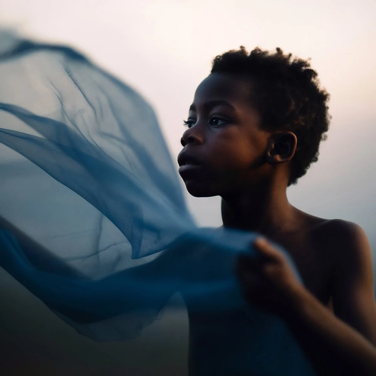 African boy with blue tulle fabric in the wind at dusk. AI-generated image.