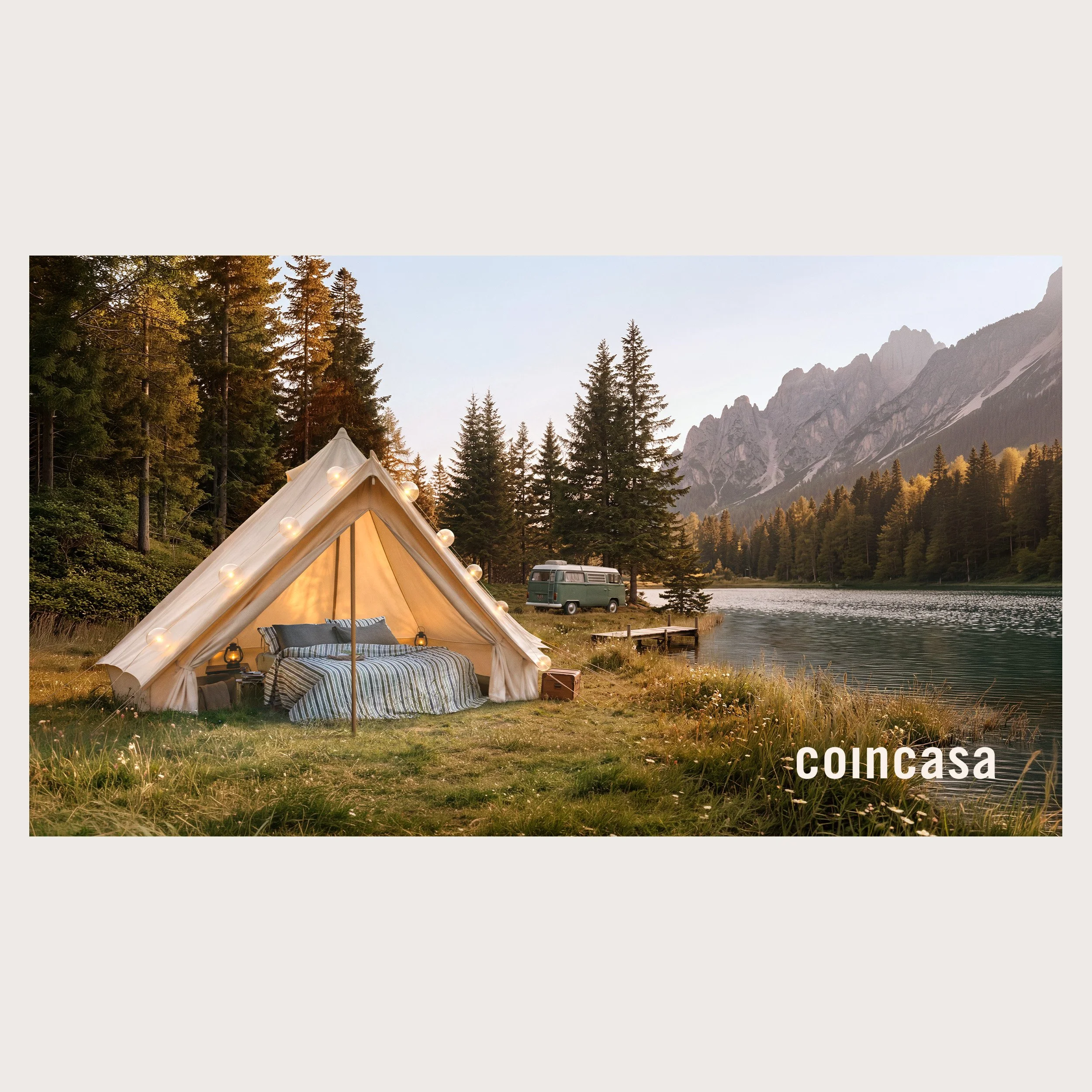 Bell tent with striped bed linen by an alpine lake at dusk — Coincasa campaign, AI-generated image.