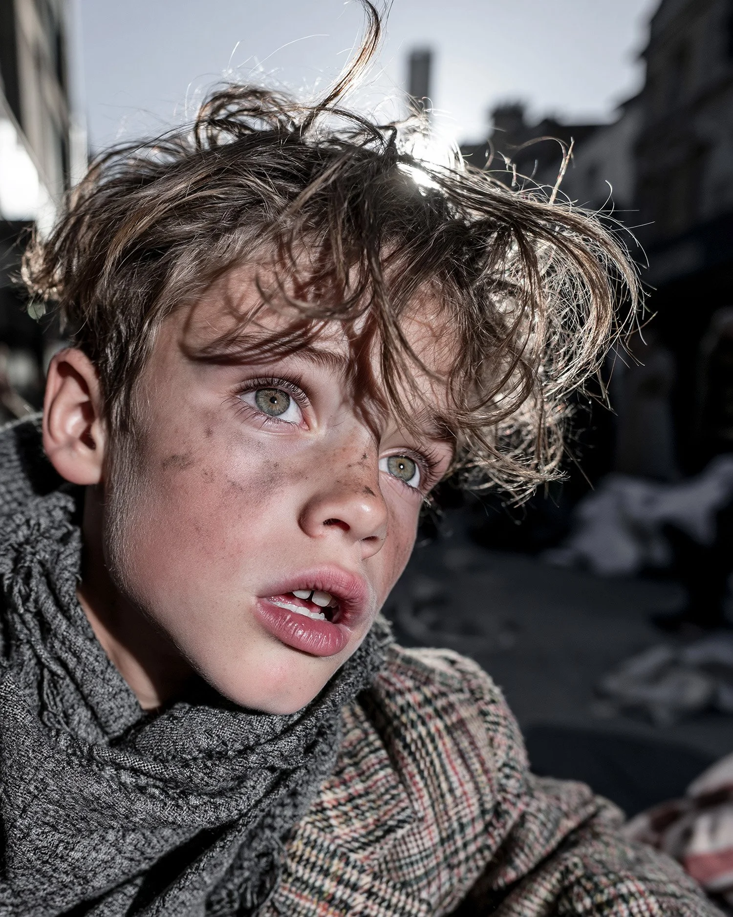 Close portrait of a boy in a grey wool scarf. AI-generated image.