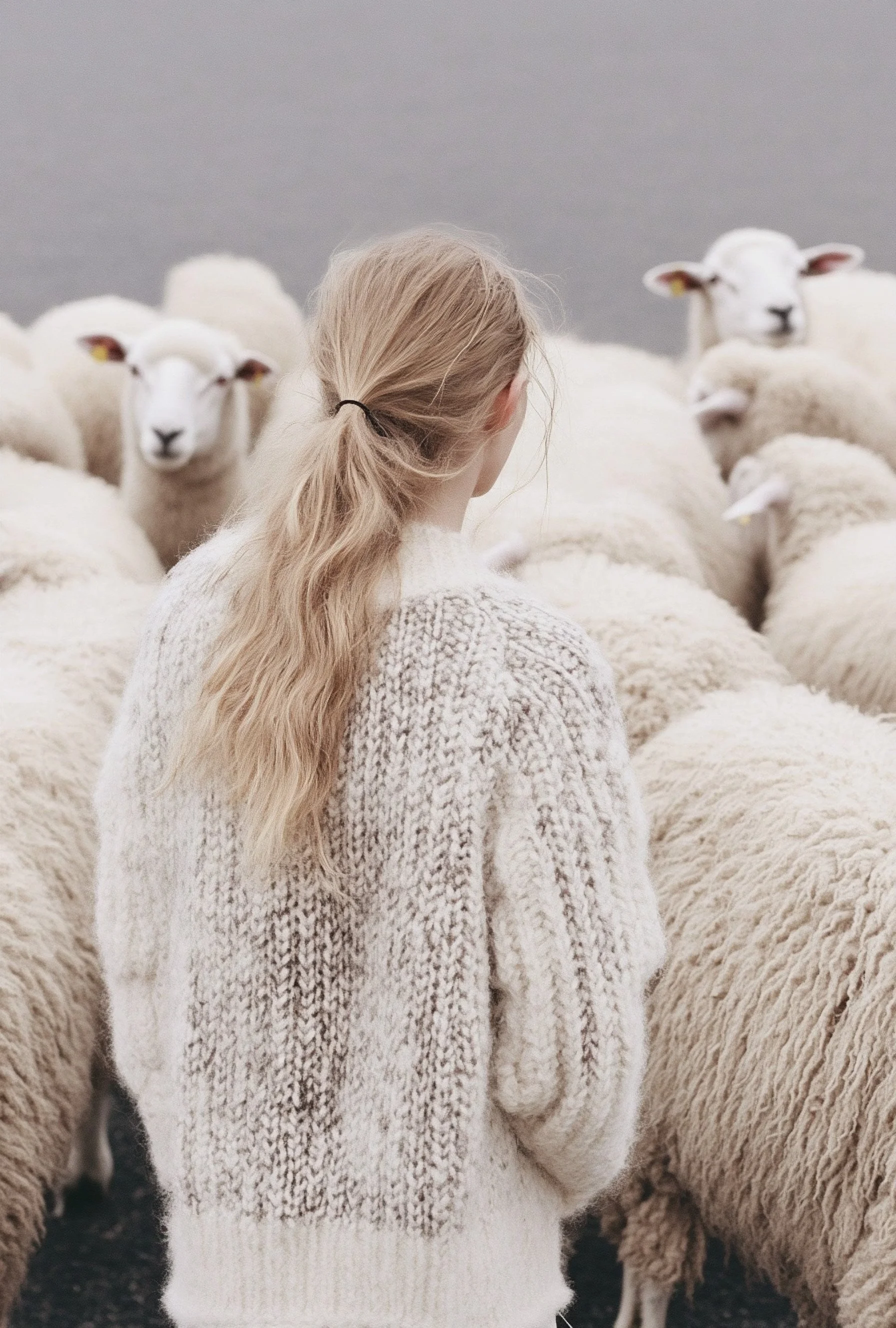 Young woman in an off-white wool sweater among a flock of sheep. AI-generated image.