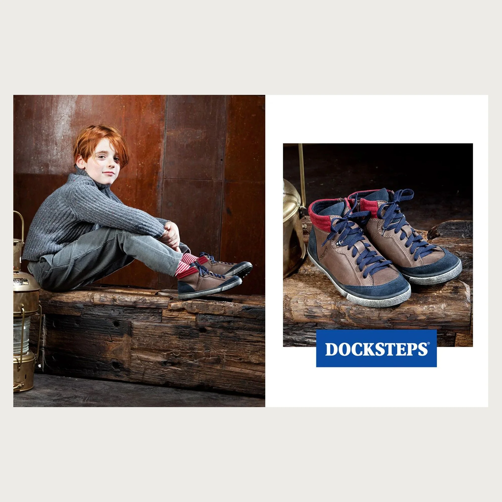 Nubuck high-top sneakers in still life on reclaimed wood, boy in a grey sweater — Docksteps kids campaign.